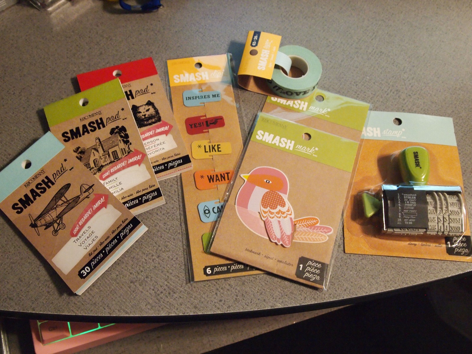 3 Smash Book Pads, 6 Clips, 2 Bird Marks, 1 Date and Sayings Stamp, Roll of Tape