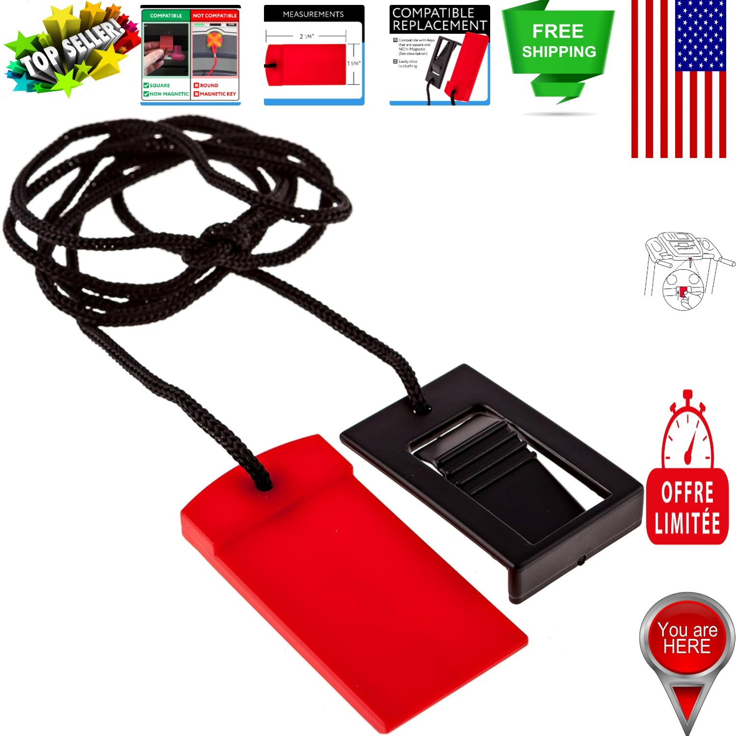 Treadmill Safety Key Replacement - Black & Red - Essential Fitness Accessory