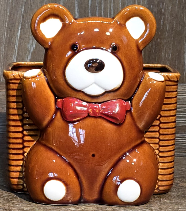 Vintage Takahashi Japan Ceramic Brown Teddy Bear Basketweave Planter