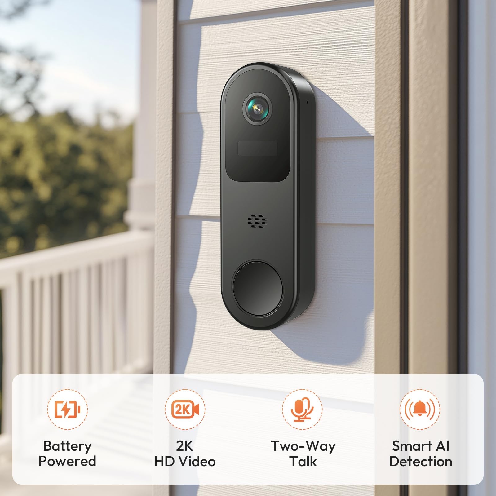 Belleye 2K HD Battery Doorbell Camera Wireless with Ring Chime, DB3, Black