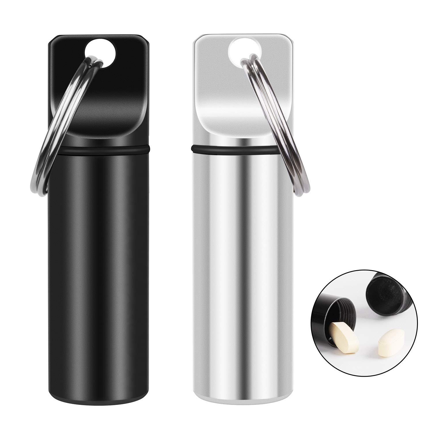 2 Pack Small Pocket Pill Box Keychain, 2 Count (Pack of 1), Black & White