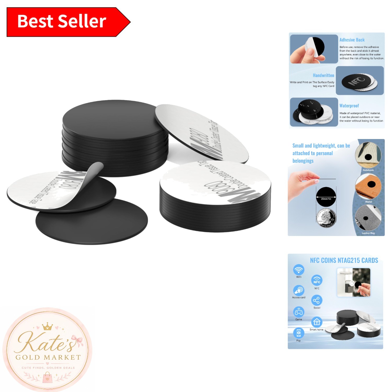 Mini Black NFC Tags - 10 Pack NTAG215 Adhesive Stickers for NFC Enabled Devices