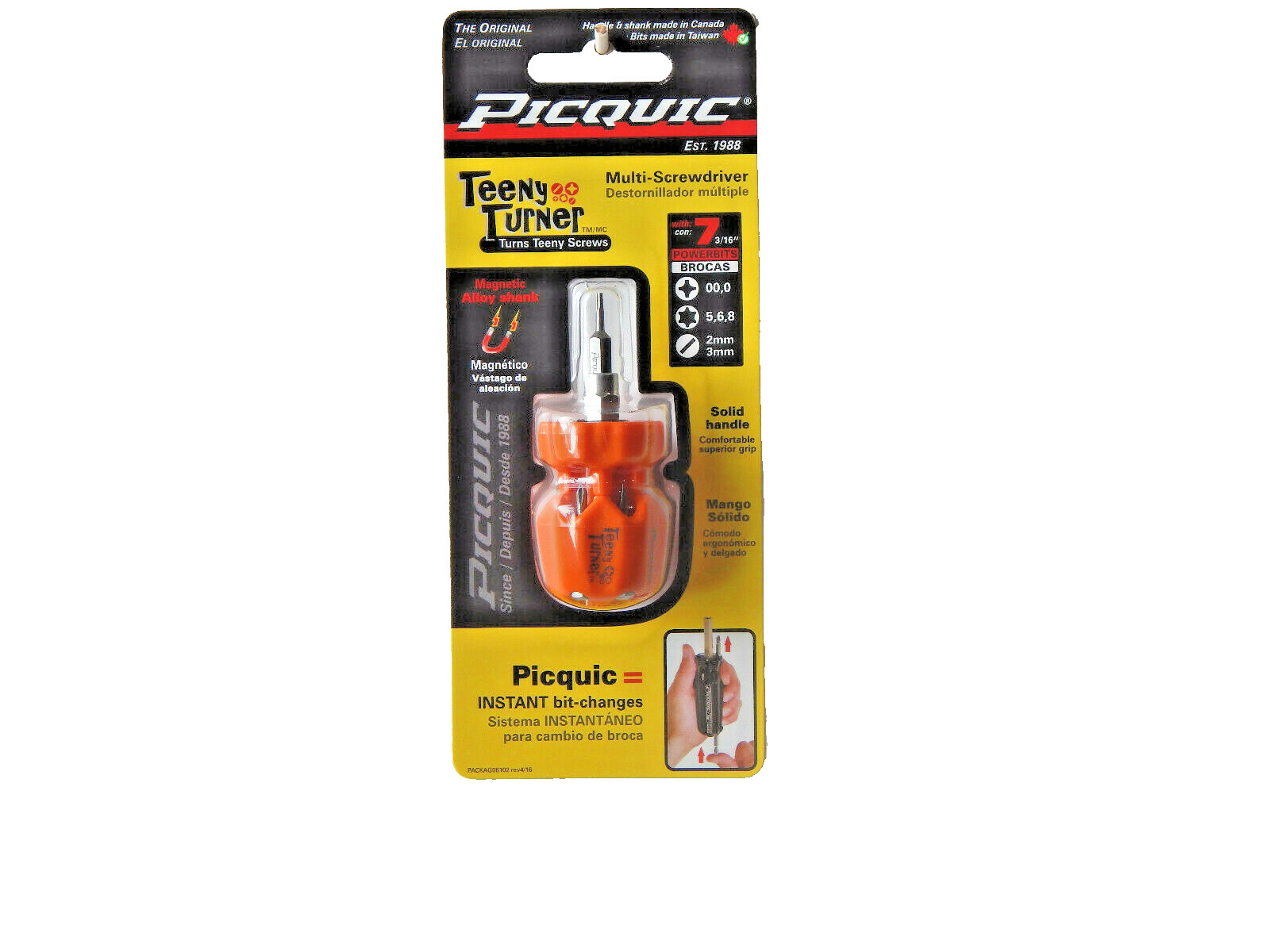 PICQUIC TEENY TURNER Screwdriver - Small, Multi Bit, 7 Bits 1" long - Orange