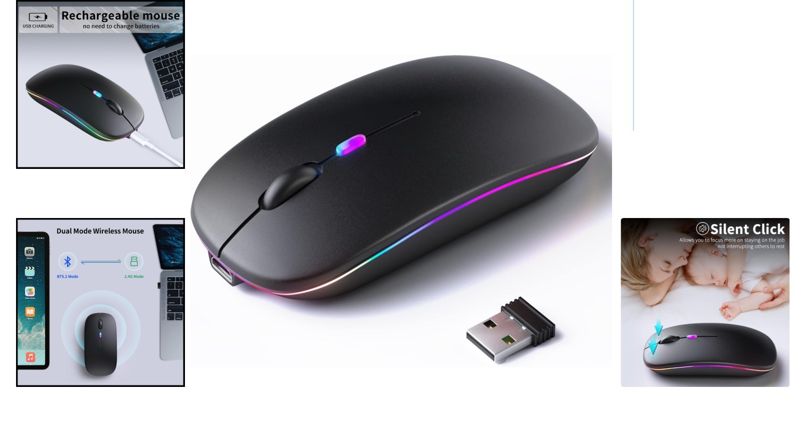 Stylish Rechargeable Bluetooth Mouse with Colorful LED Lights for All Devices
