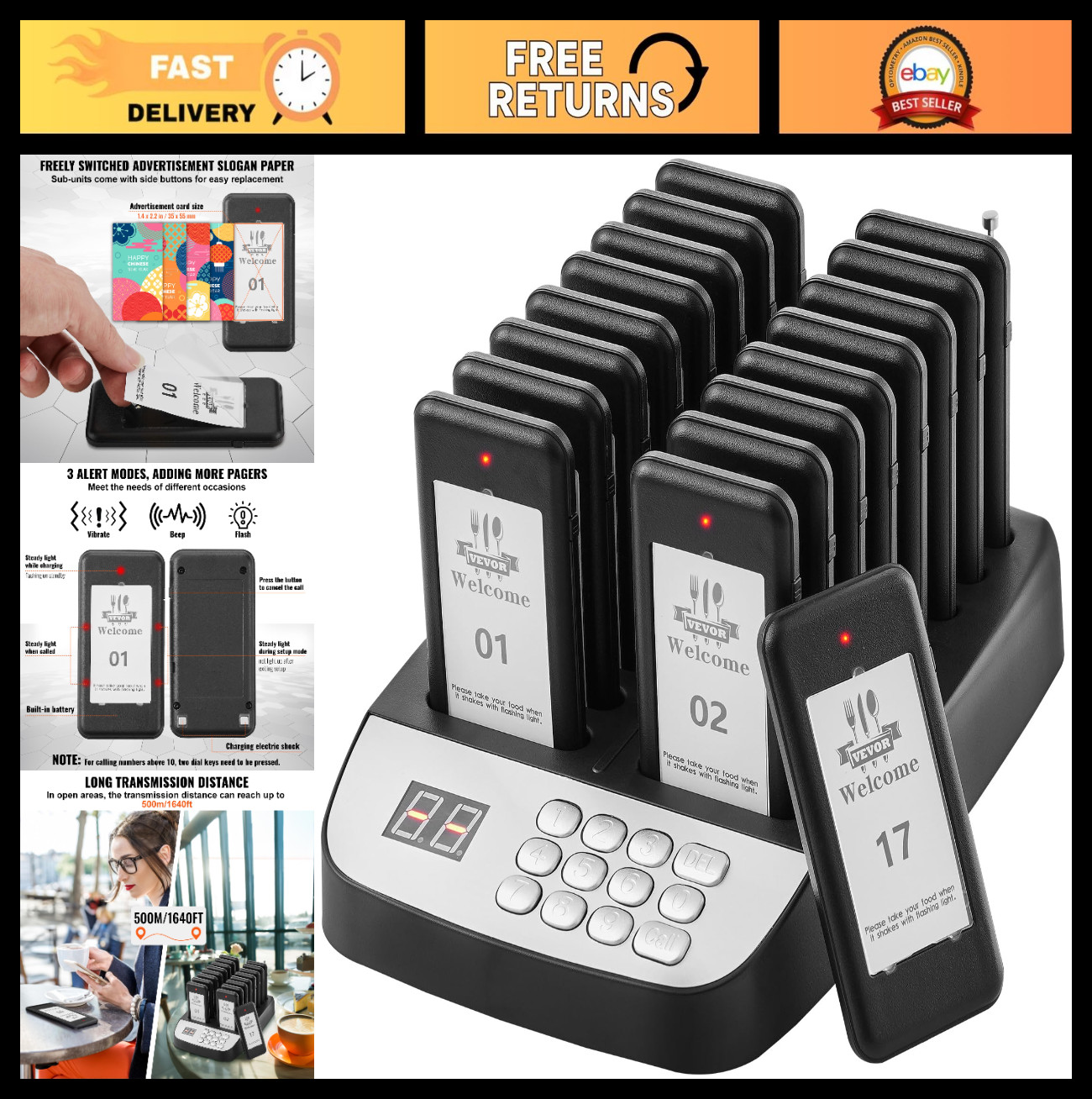 Wireless Restaurant Pager System - 500m Range Guest Calling Beepers, Vibration &