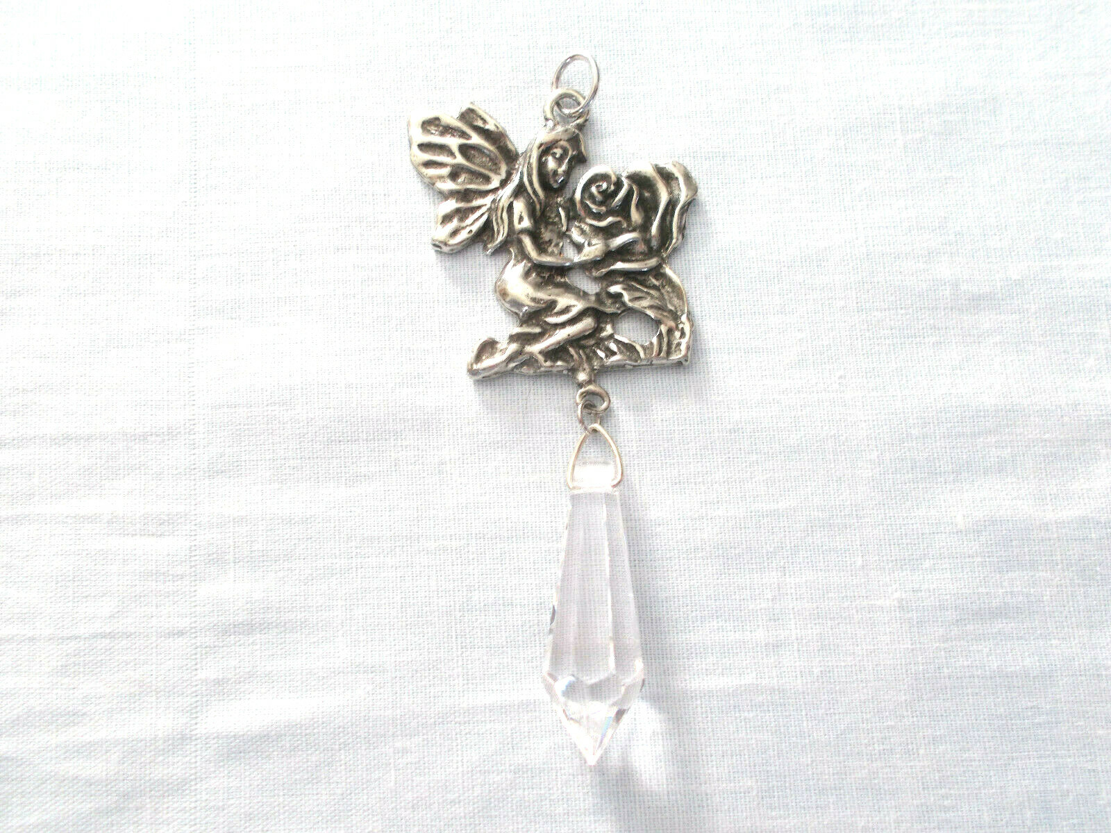 Large Size Fairy Pixie with Rose Flower Clear Crystal Dangle Suncatcher Ornament
