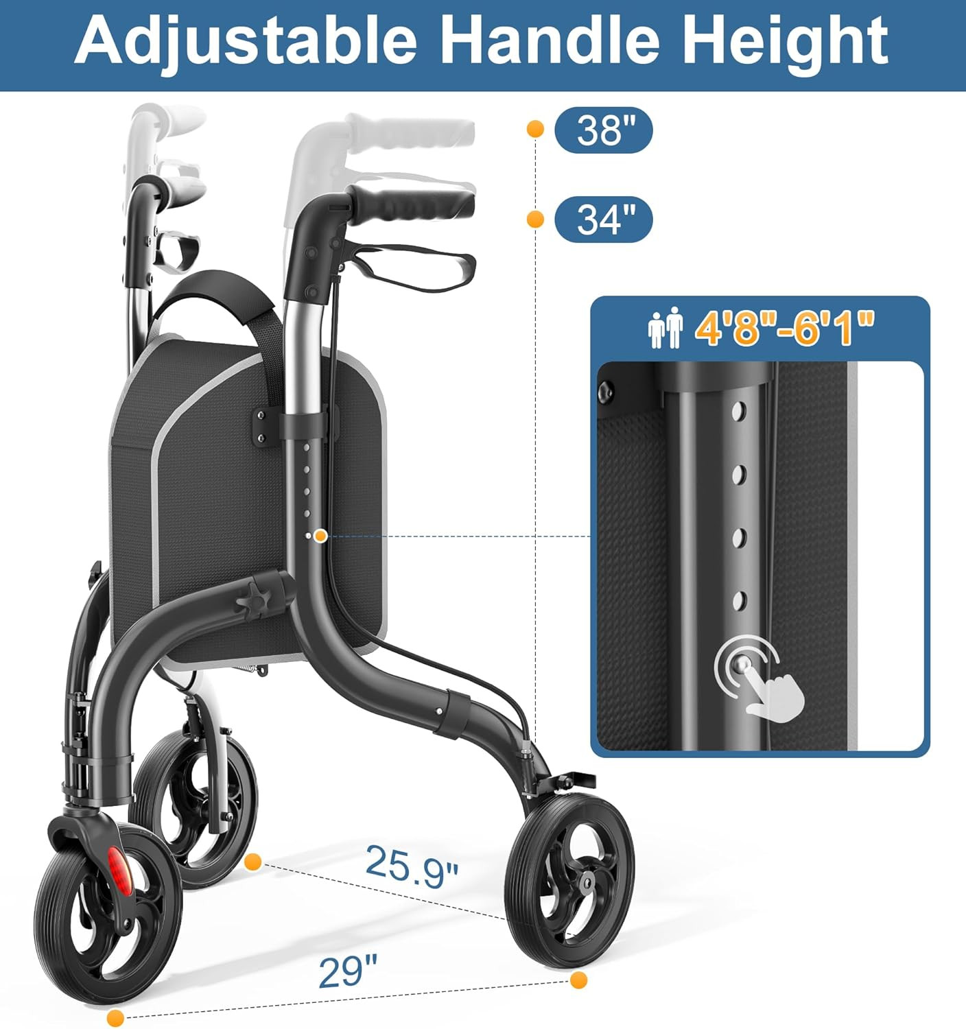 Lightweight 3 Wheel Walker for Seniors, Adjustable & Foldable with Storage Bag