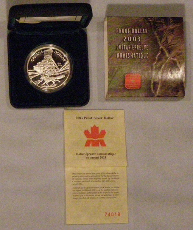 2003 Canada Frosted Proof Cobalt Strike Silver Dollar, 0.8093 Troy Oz 	(4R)