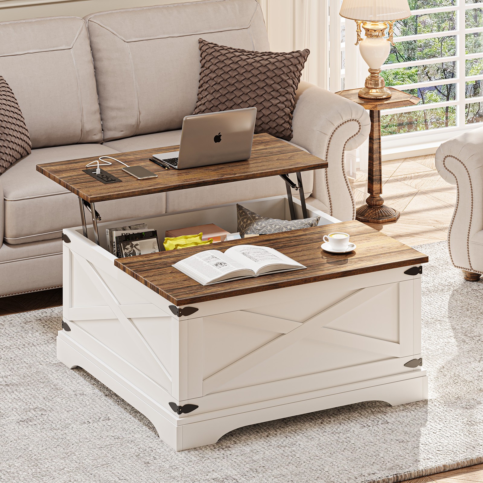 BROTTAR 31.5" Lift Top Square Coffee Table with Large Storage + Charging Ports