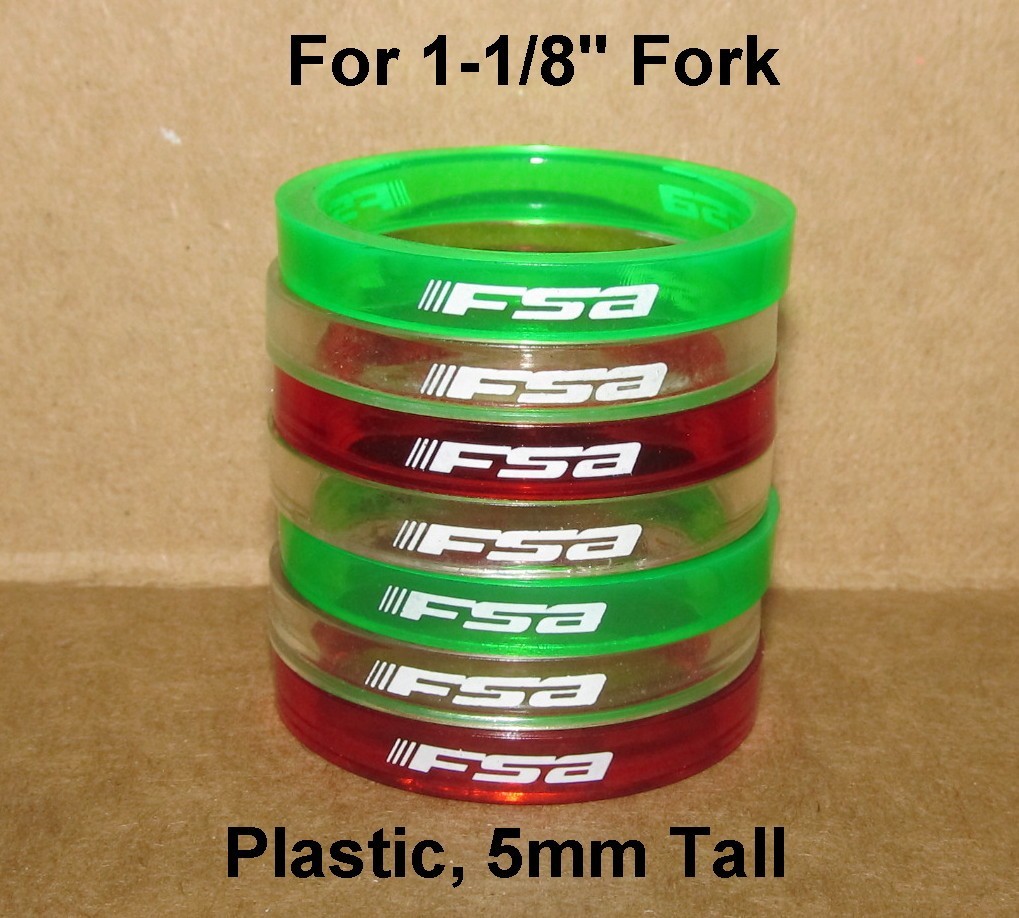 Lot of 7 FSA 1-1/8" x 5mm Headset Spacers, Plastic, Red, Green, Clear