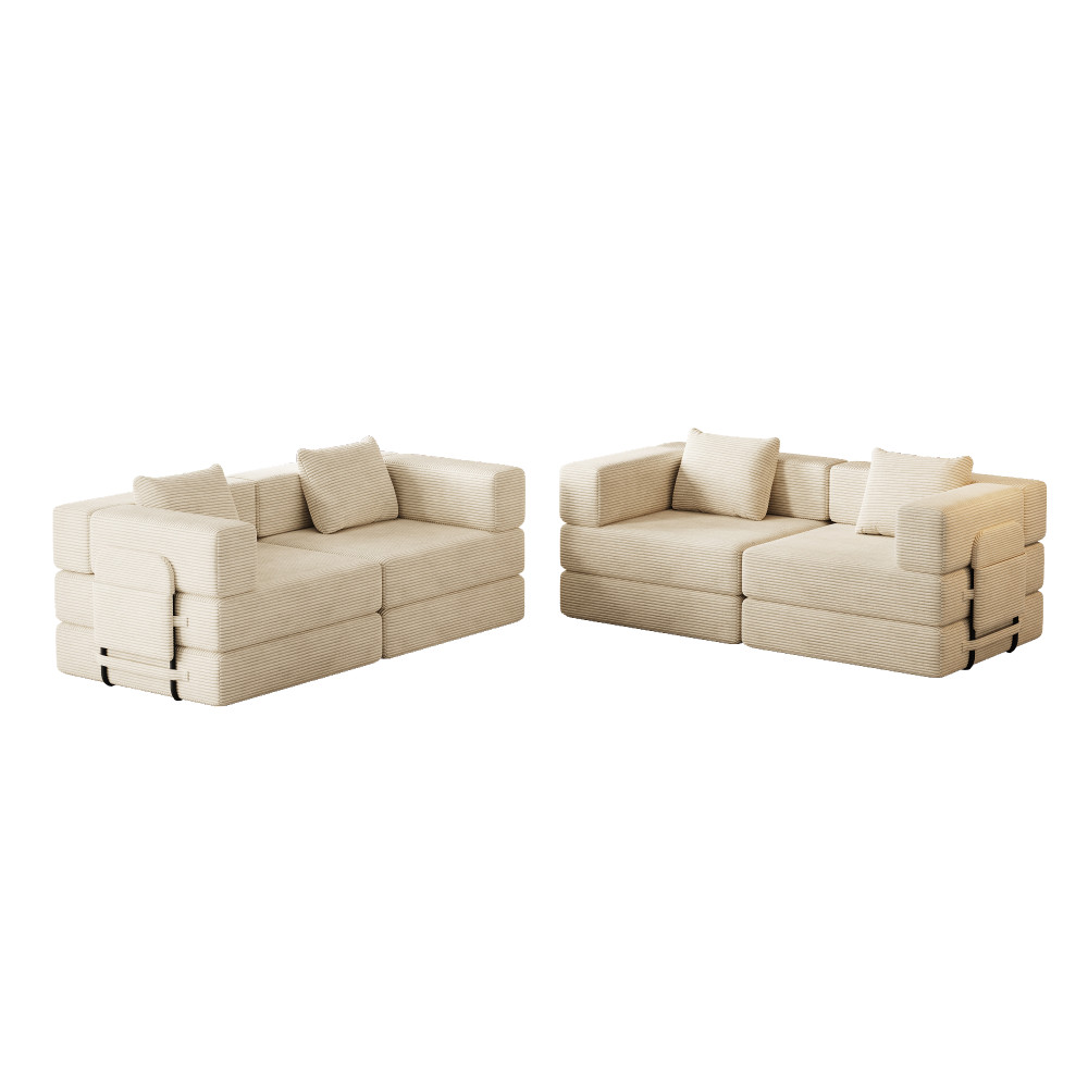 4-Seat Folding Sofa Bed w/ Storage Pockets, Corduroy Fabric, Beige