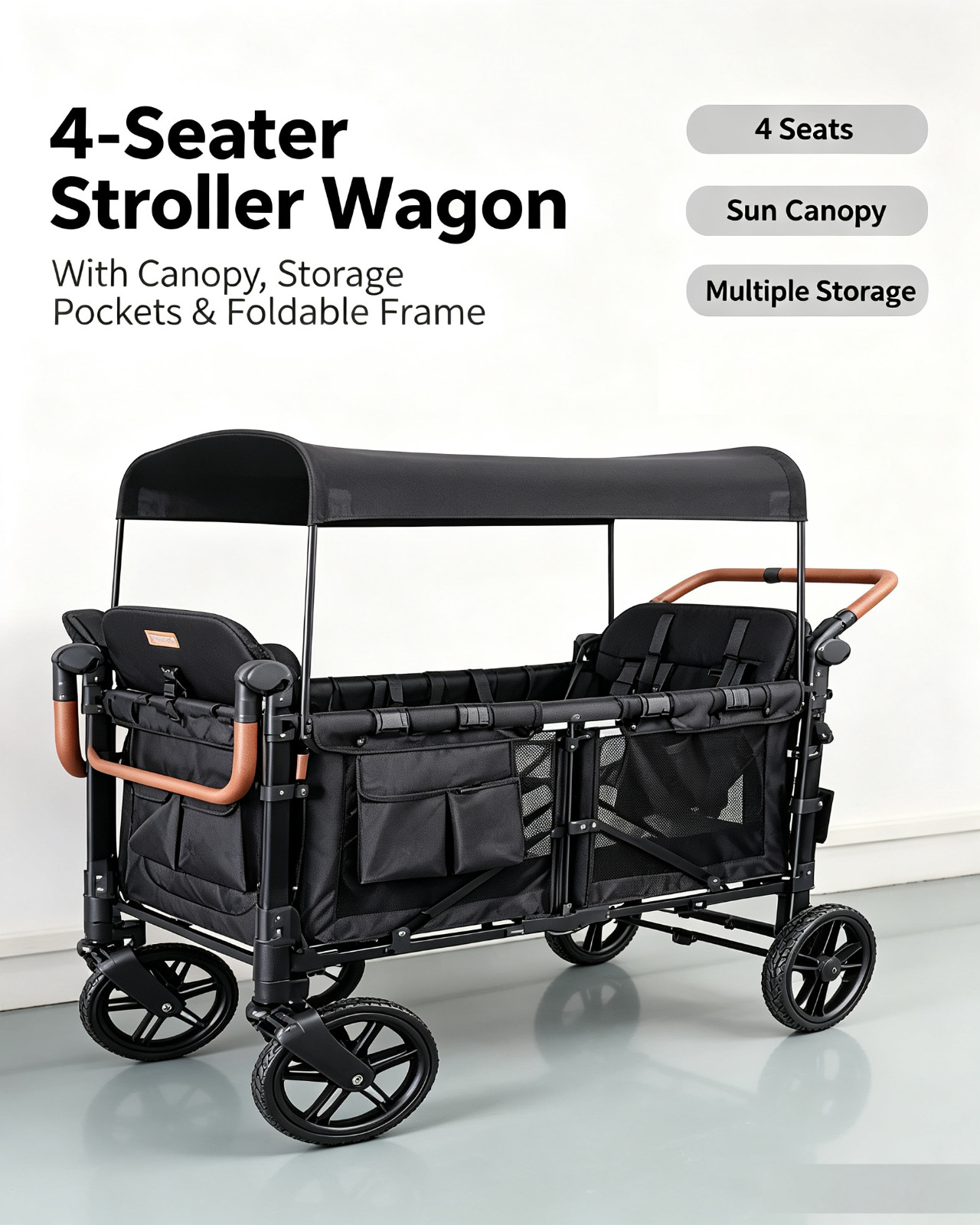 Wagon Stroller w/ Canopy, 4 seater Push Pull Quad Collapsible Stroller Black