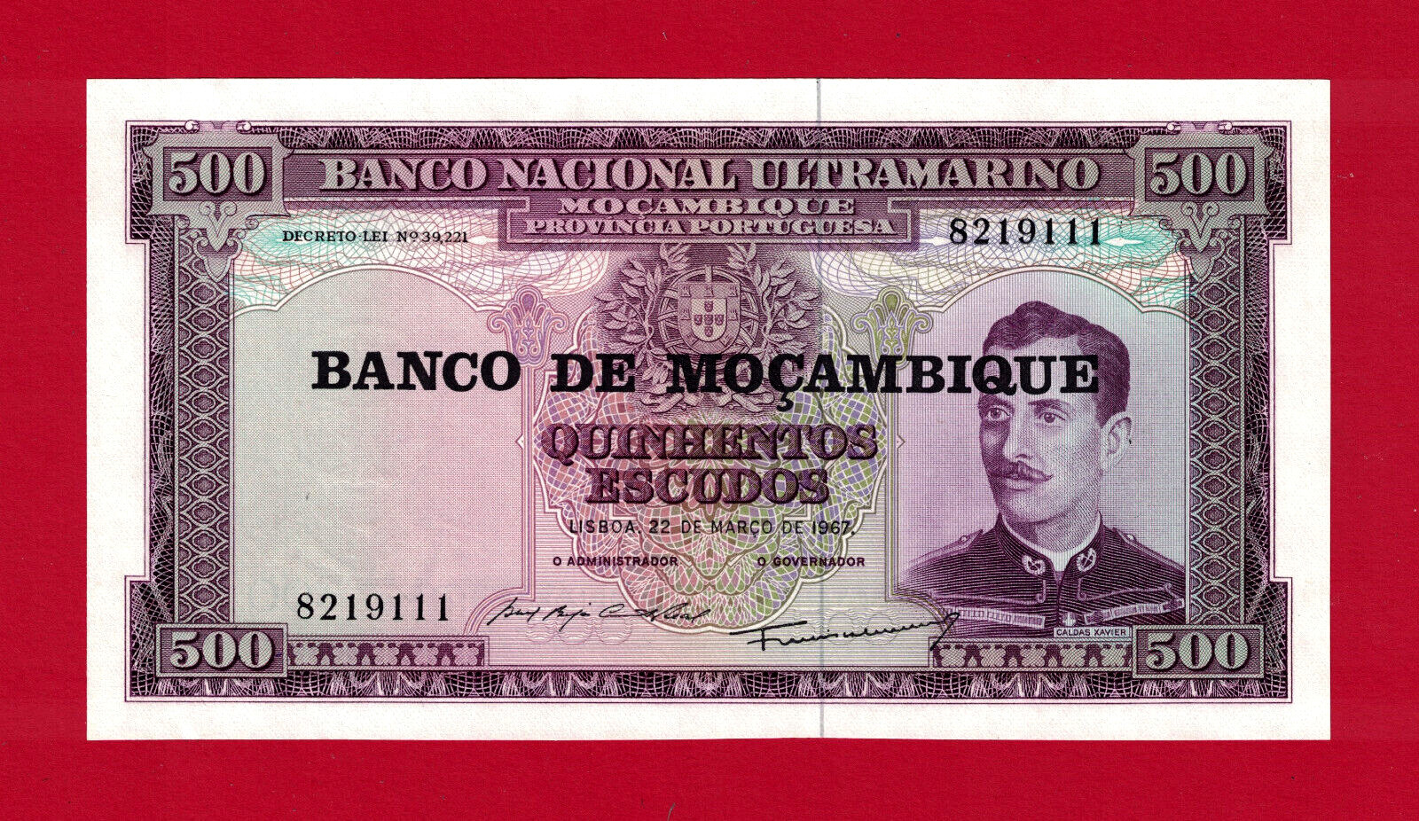 7-Digits # 500 ESCUDOS 1967-1976 MOZAMBIQUE UNC OVERPRINT NOTE P-118a.1 on P-110