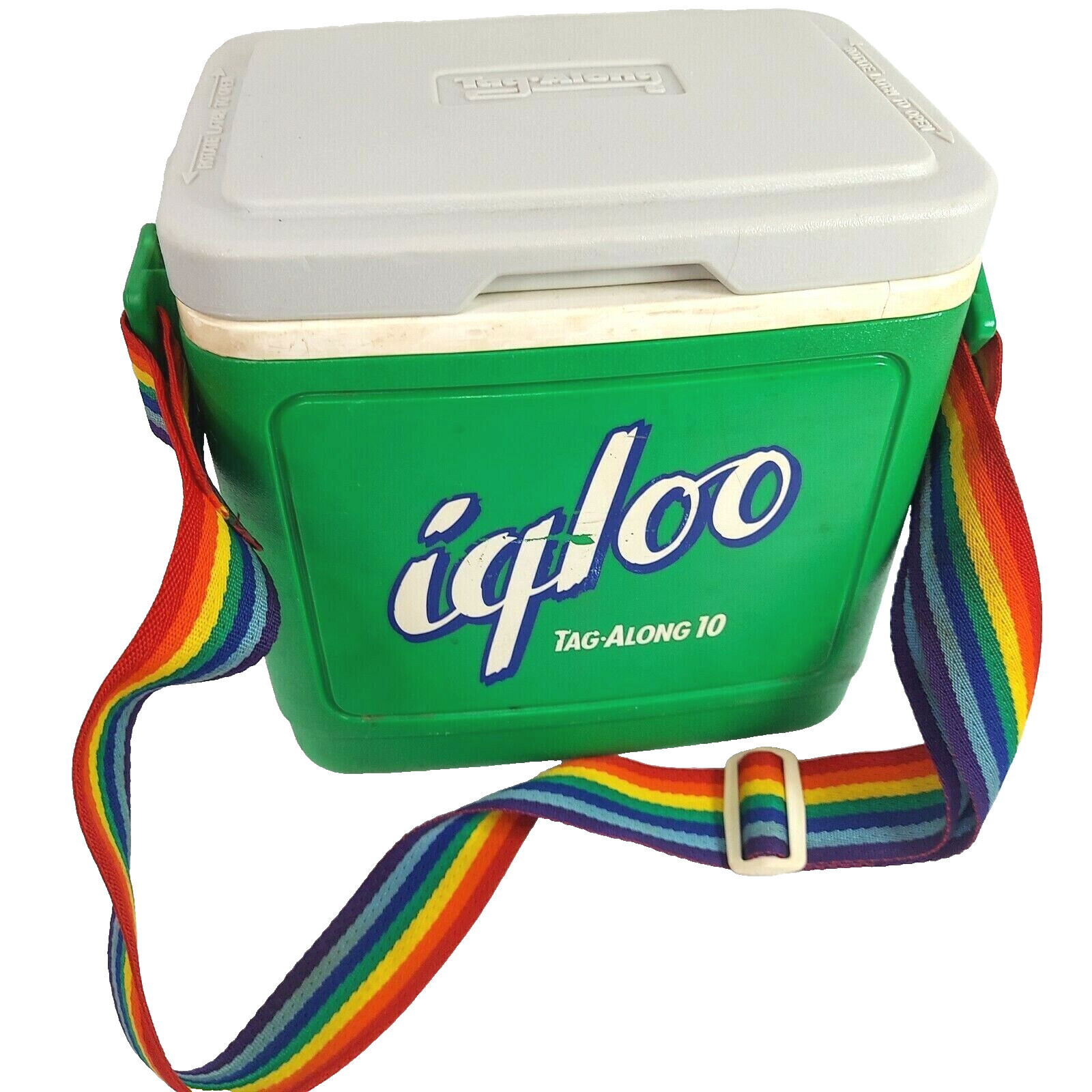 Igloo Tag Along 10 Cooler Vintage 1992 Green Rainbow Carrying Strap Gray Lid