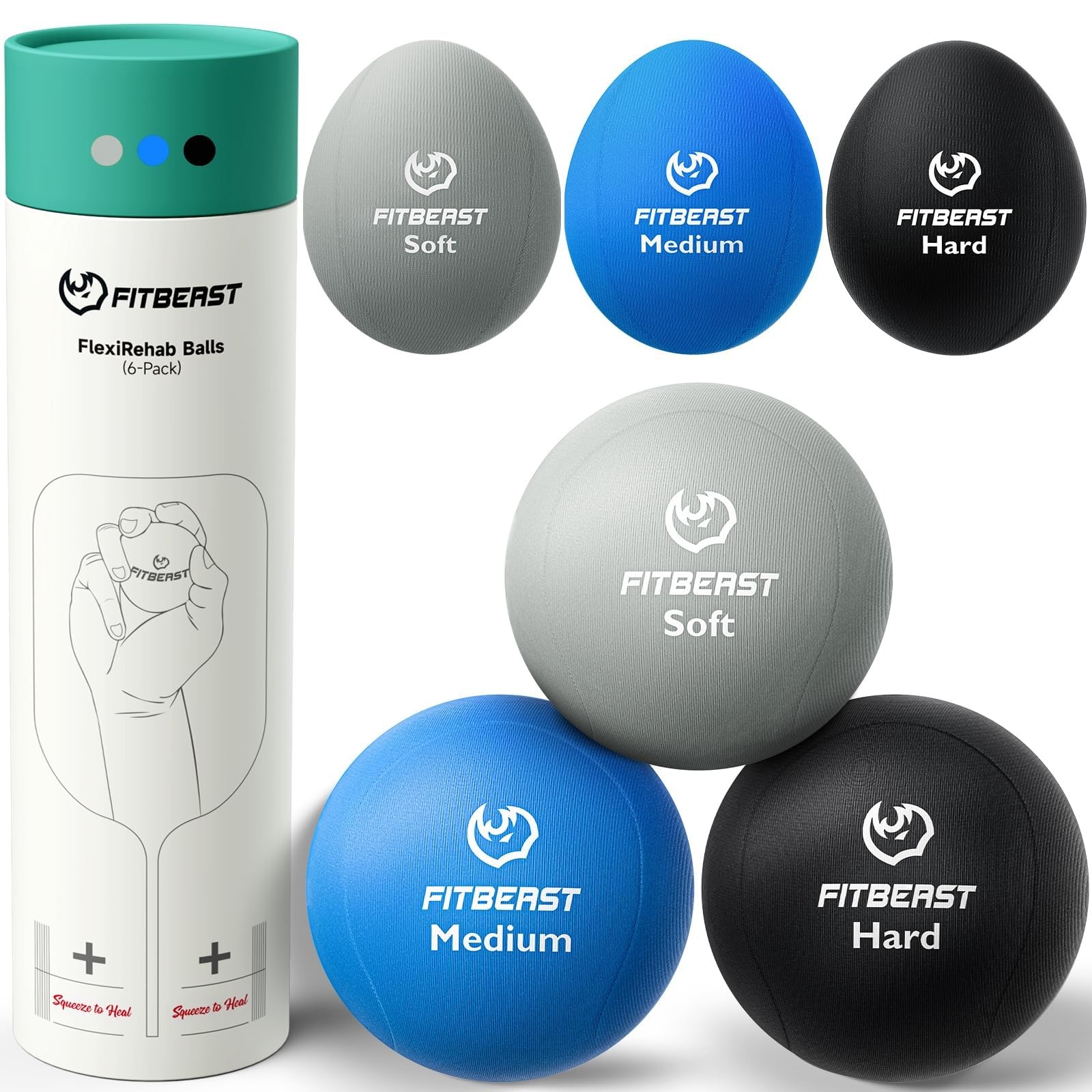 FitBeast Stress Balls for Adults, Squeeze 6 Piece Set - Gray, Sky, Black
