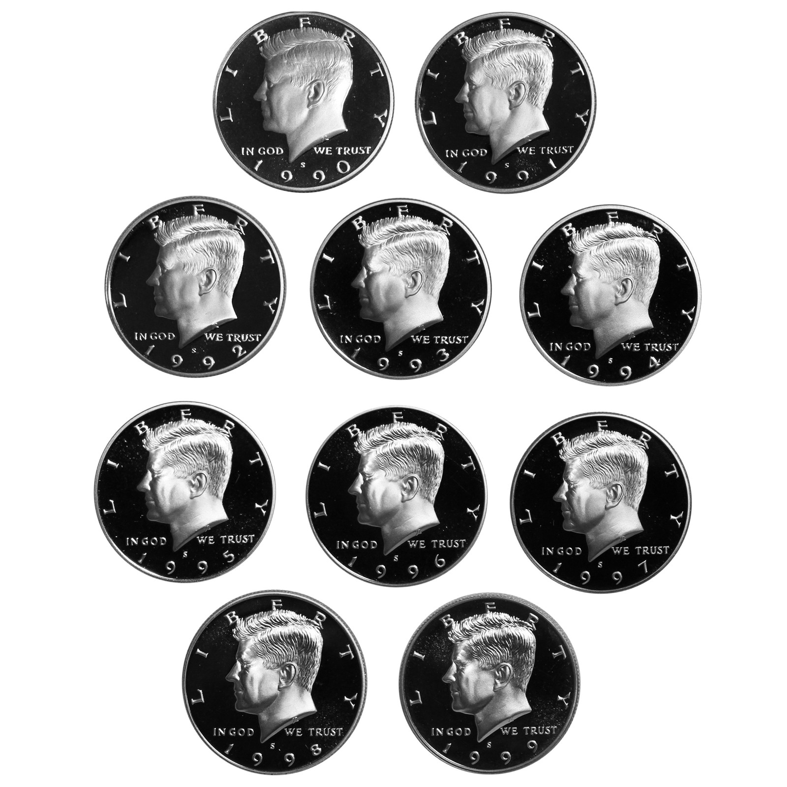 1990-1999 Proof Kennedy Half Dollar run Gem DCAM CN-Clad 10 coins