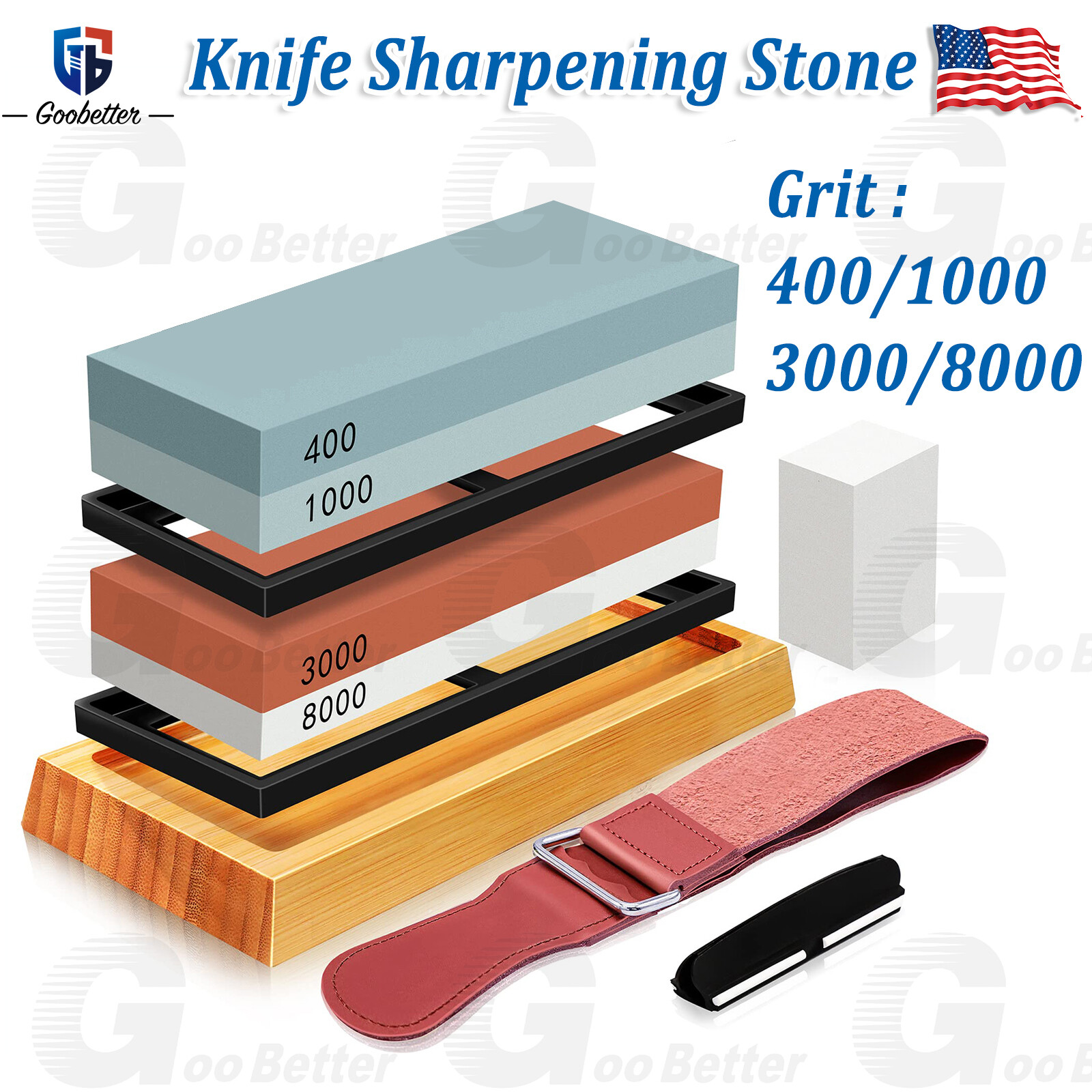Knife Sharpening Stone Includes 4 Side Grit 400/1000 3000/8000 Whetstone Kitchen