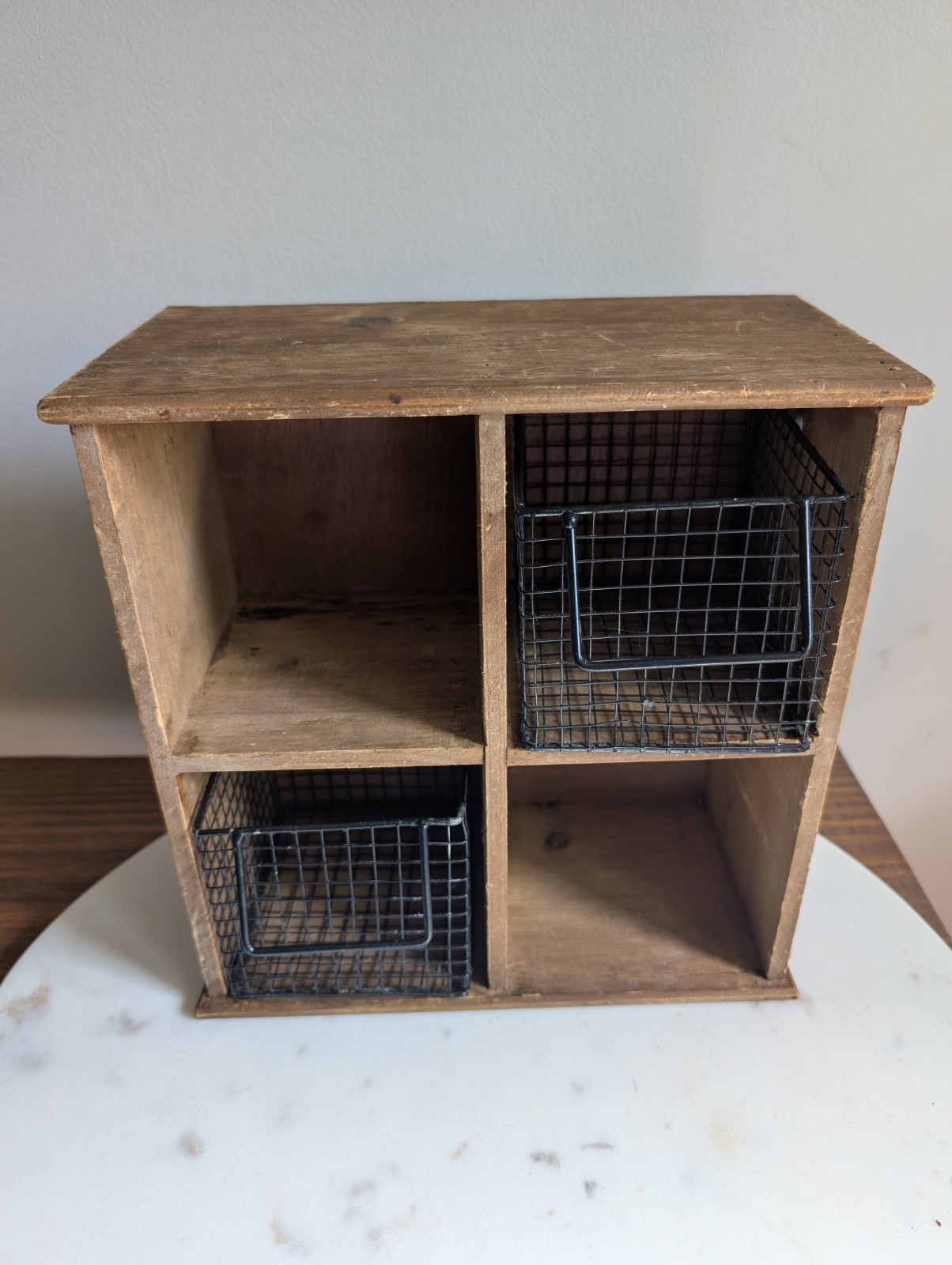 Rustic Wood Wall Organizer w Wire Baskets Farmhouse Storage Shelf Bathroom Entry