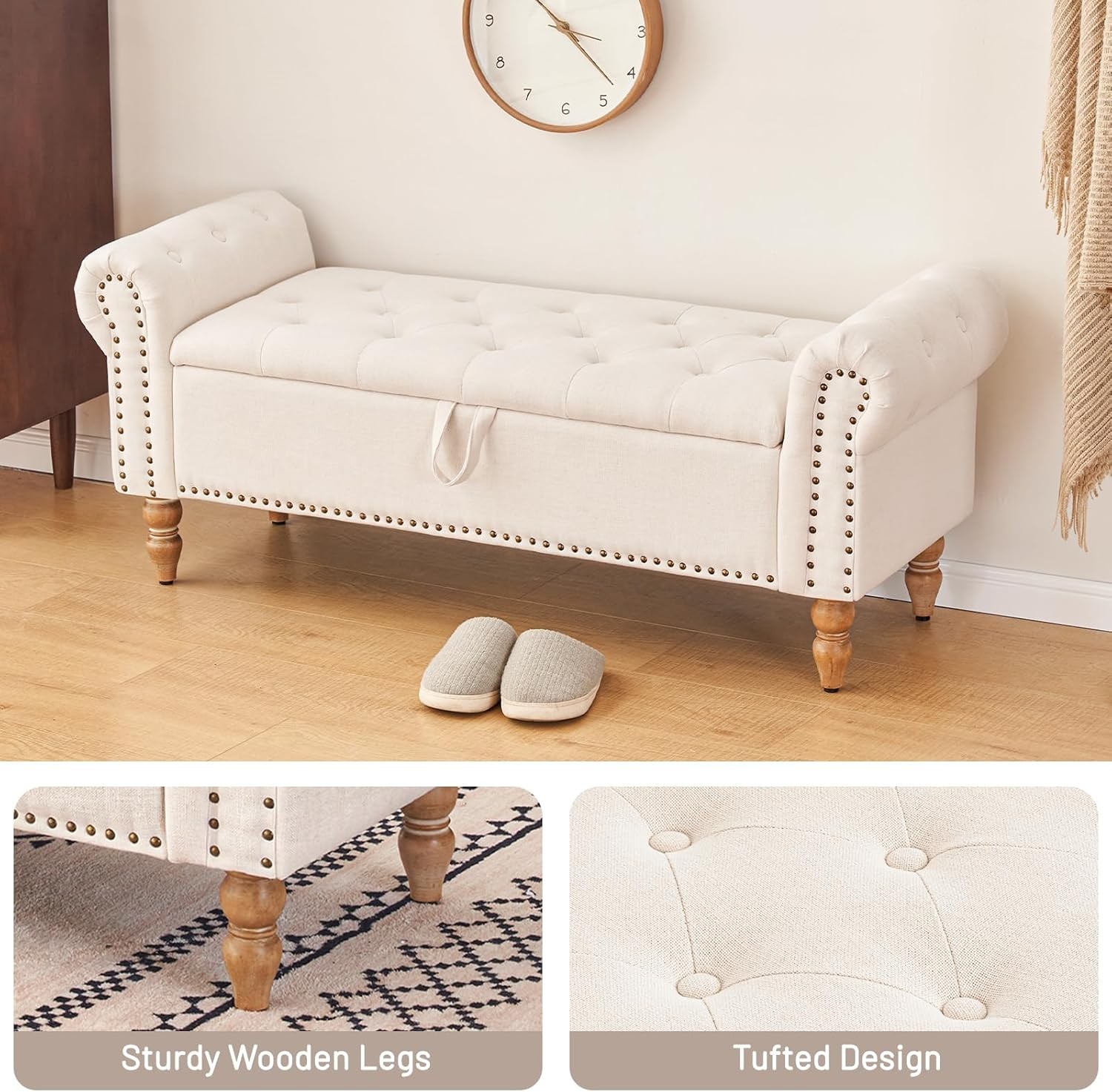 51” Storage Benches,with Upholstered Storage Ottoman Linen Window Bench