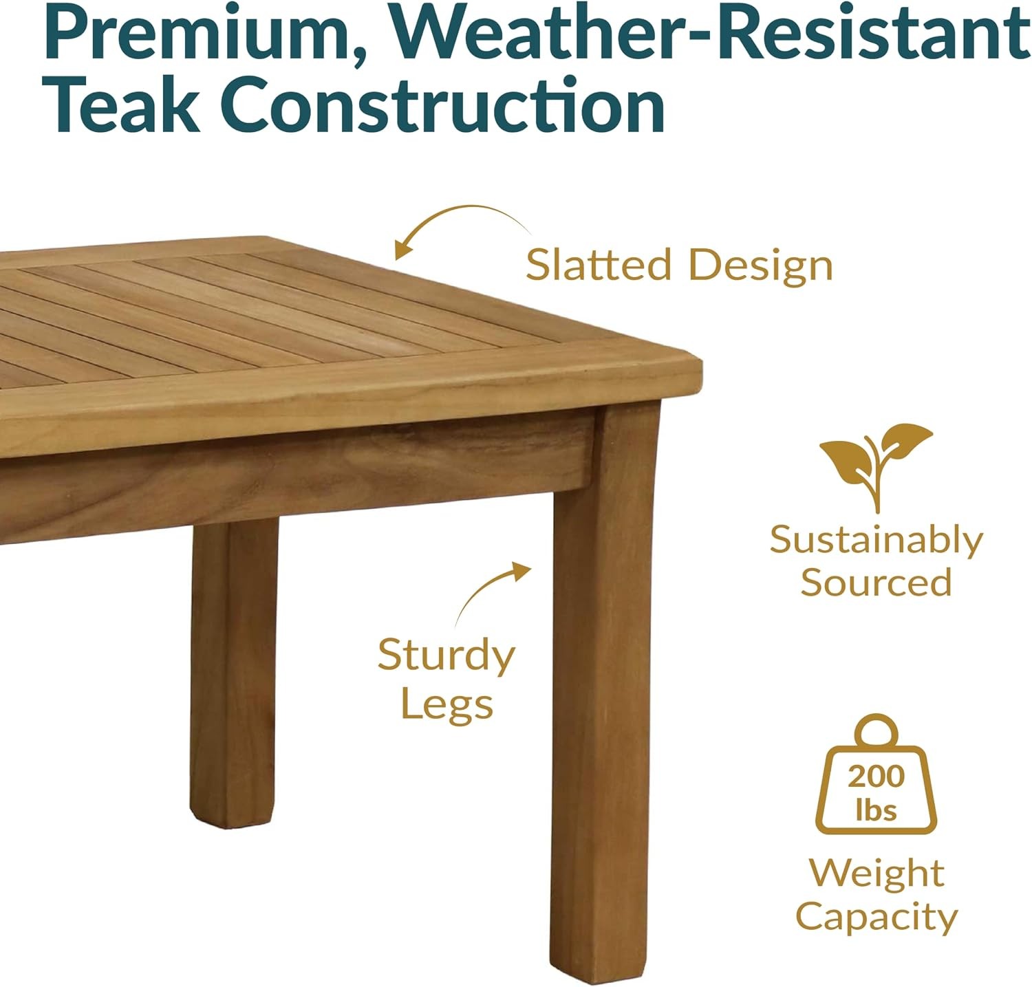Outdoor Patio Coffee Table Solid Teak Wood 45” W Rectangular Light Brown