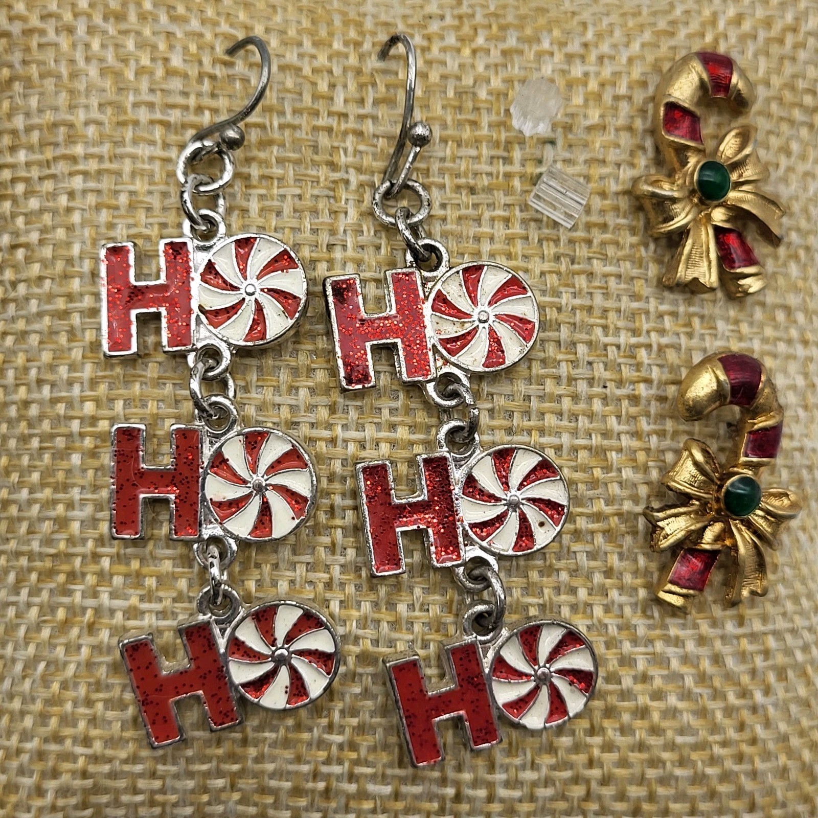 Fun Vintage Christmas Earrings Lot of 2 enamel Ho Ho Dangle Candy Cane