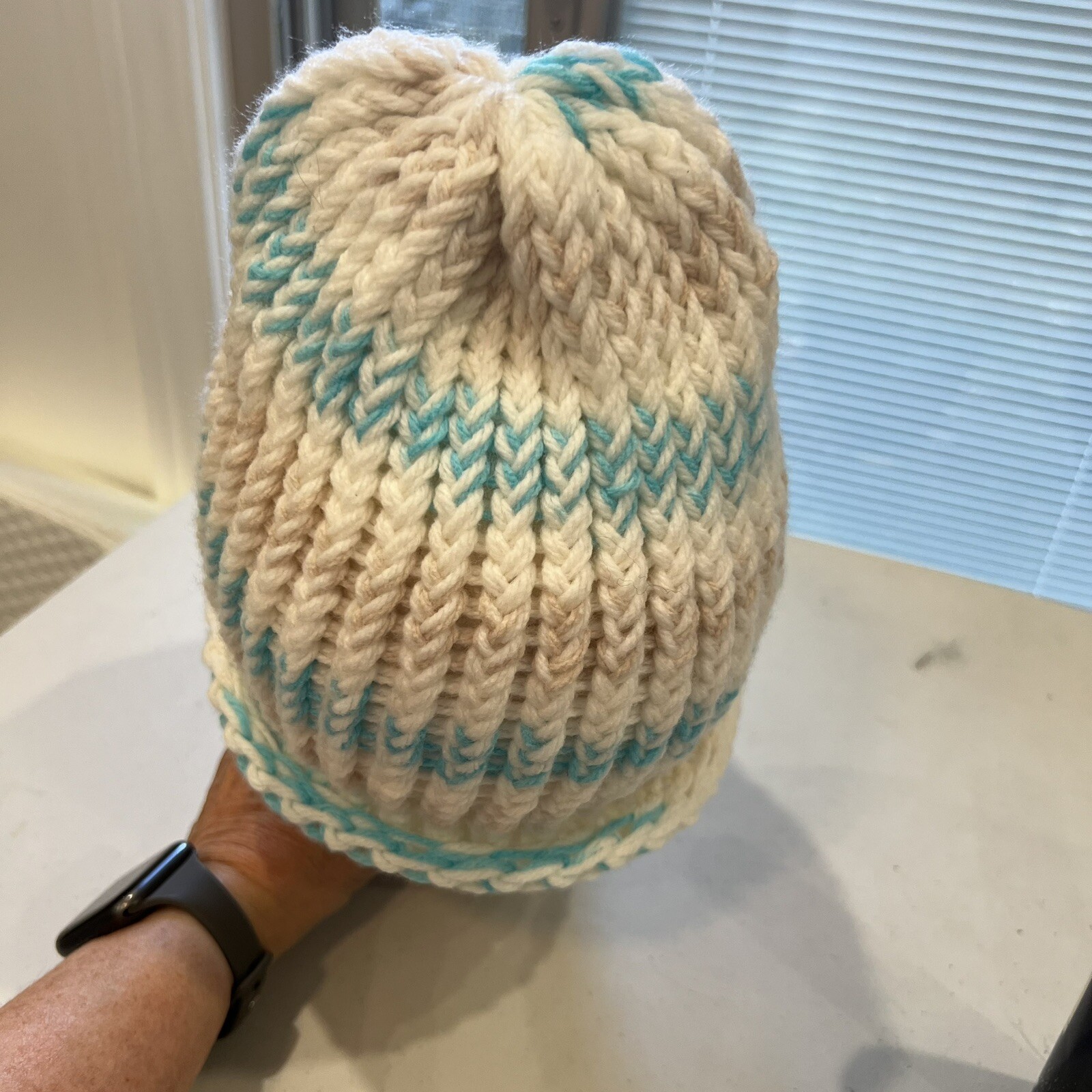 Tan White Light Blue Knitted Hat Cap Small EUC