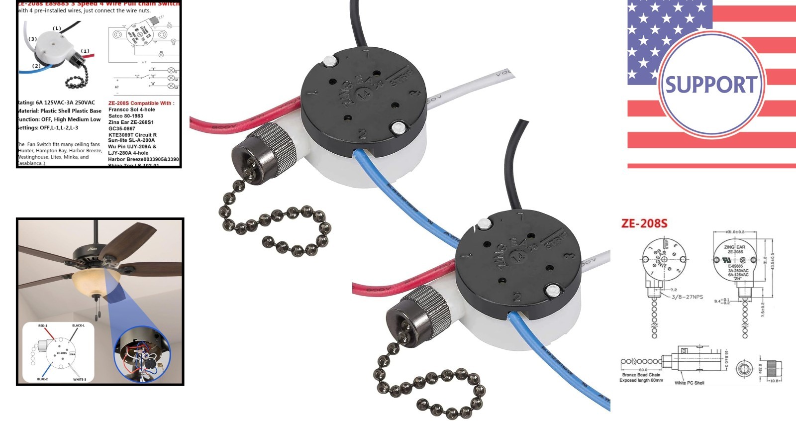 Durable 3-Speed Ceiling Fan Switch - E89885 4-Wire Pull Chain with Easy Install