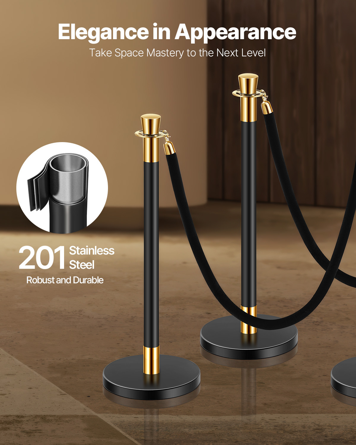 6 Pcs Stanchion Post with 4 Black Velvet Ropes Sand Injection Hollow Base