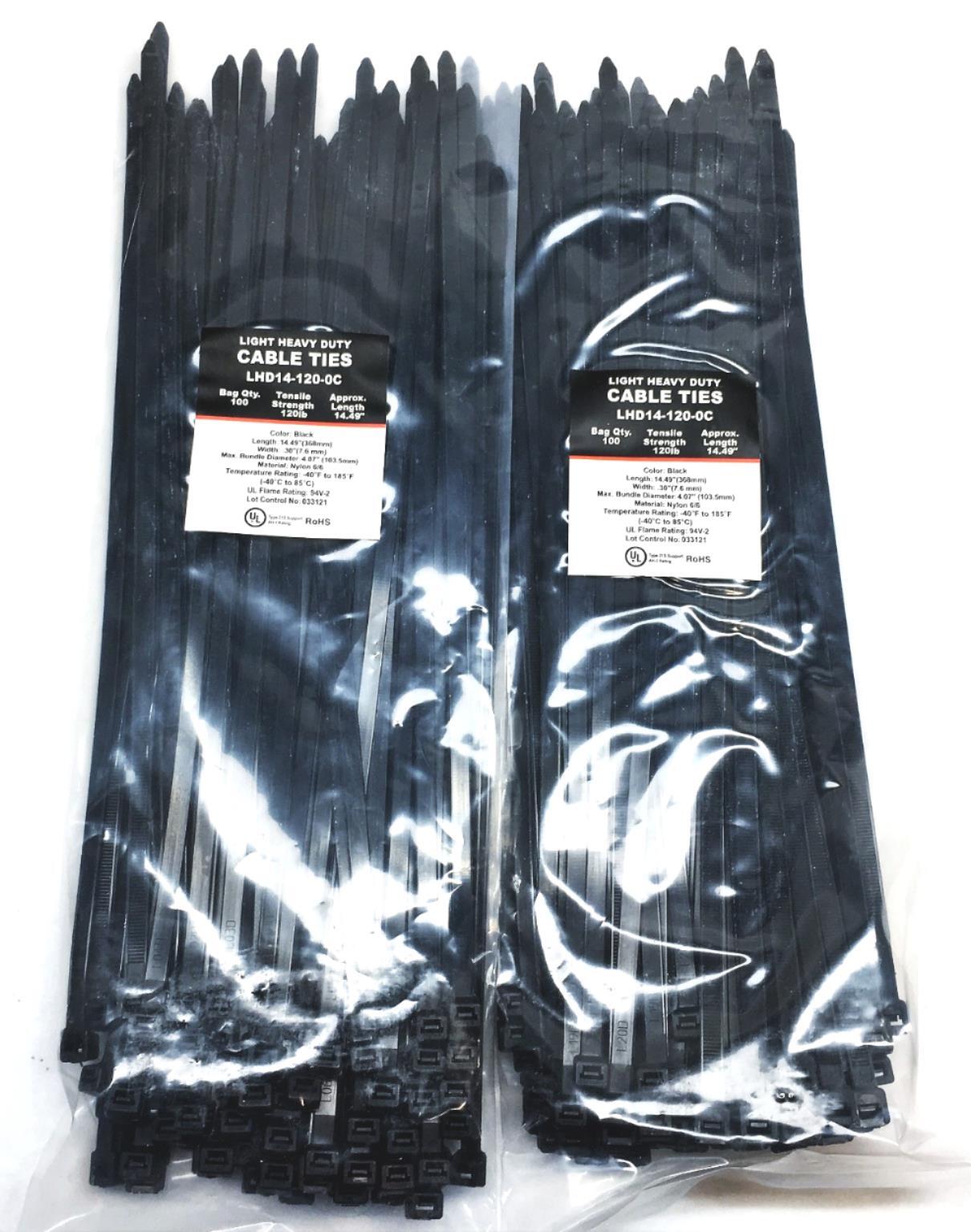 Light Heavy Duty 14.49 Inch 120LB Black Cable Ties LHD14-120-0C [Lot of 2] NOS