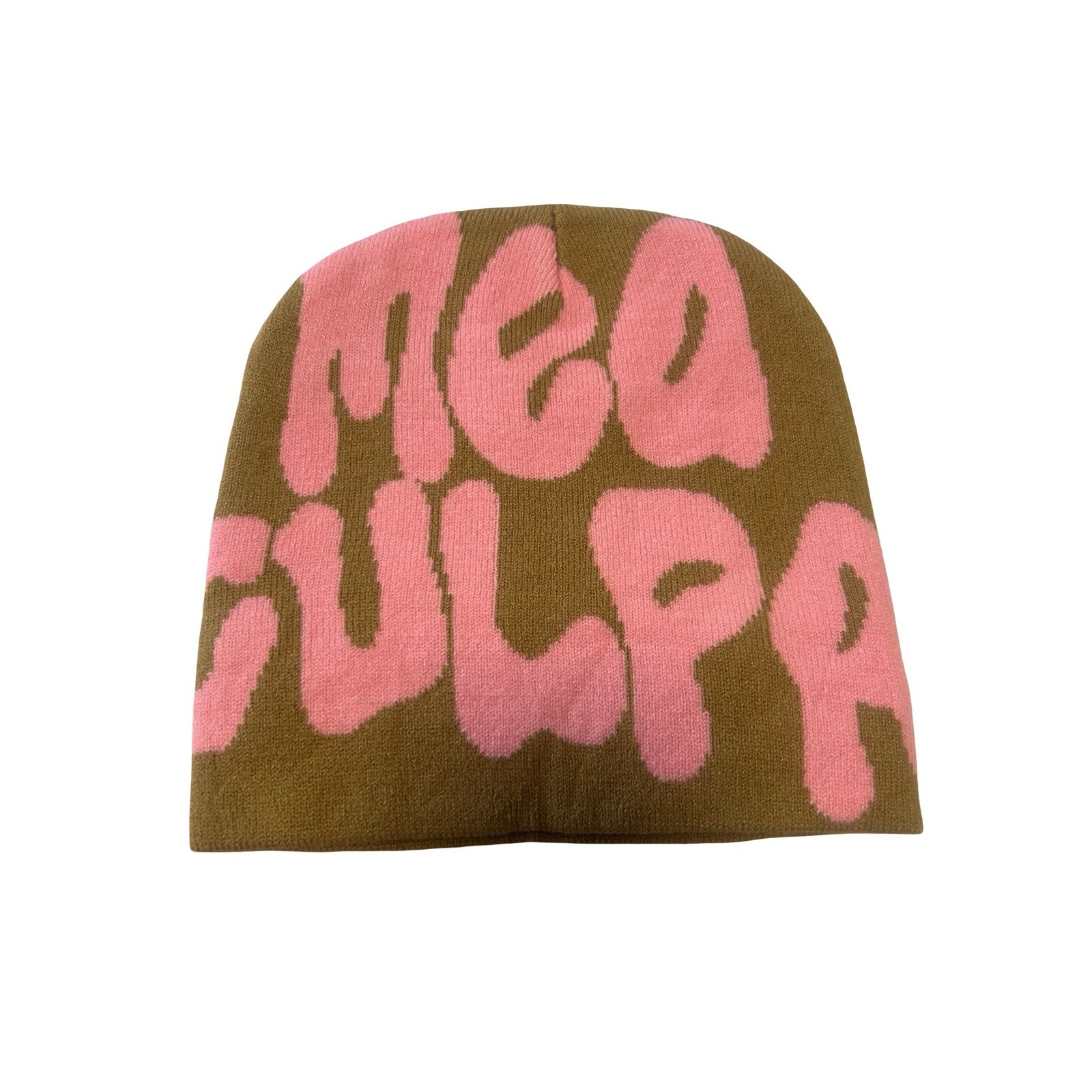 Mea Culpa Beanie Pink Brown Knit Graphic Streetwear Hat One Size New
