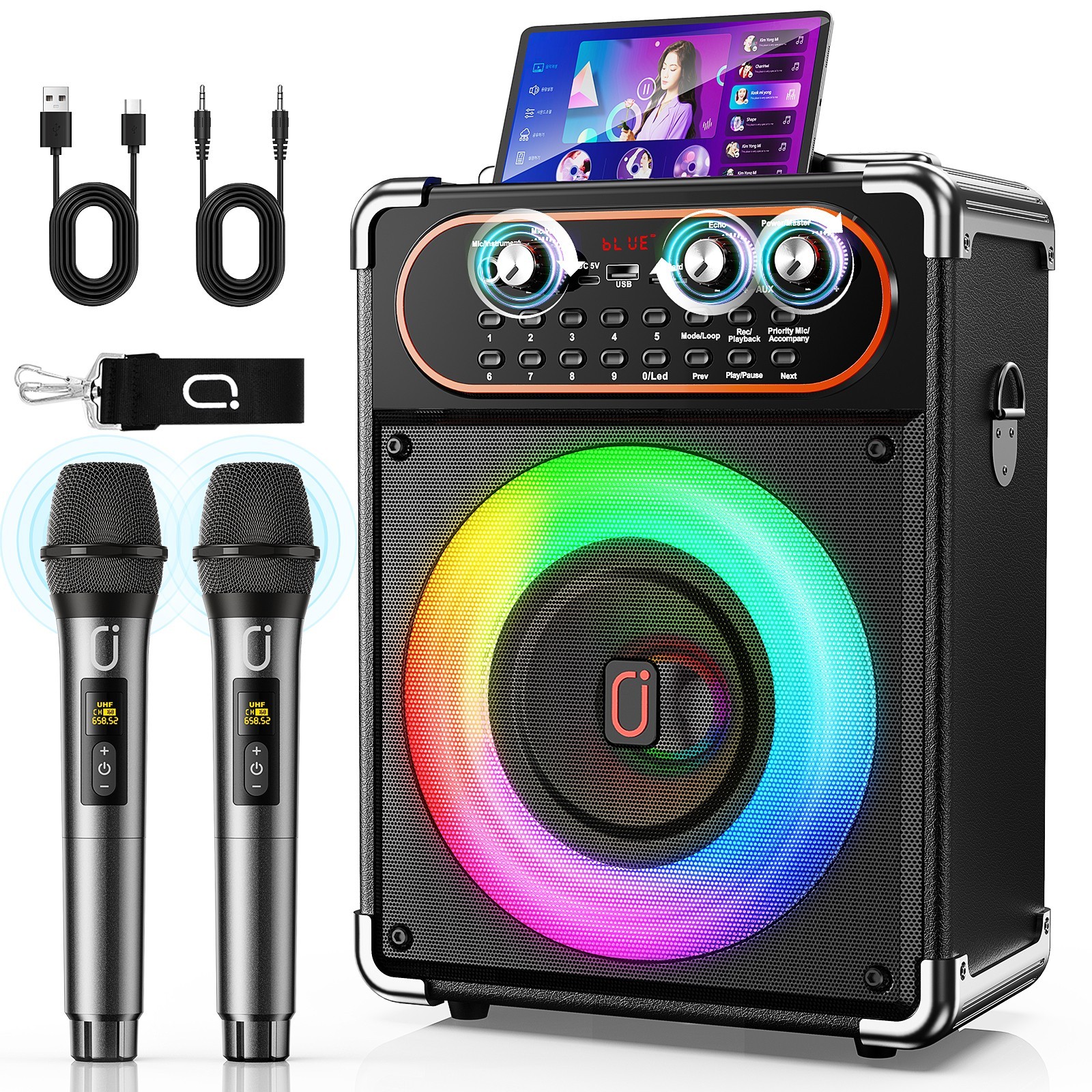 FanFun Portable Karaoke Speaker with 2 Mics, Bluetooth 5.3, RGB Lights For Party