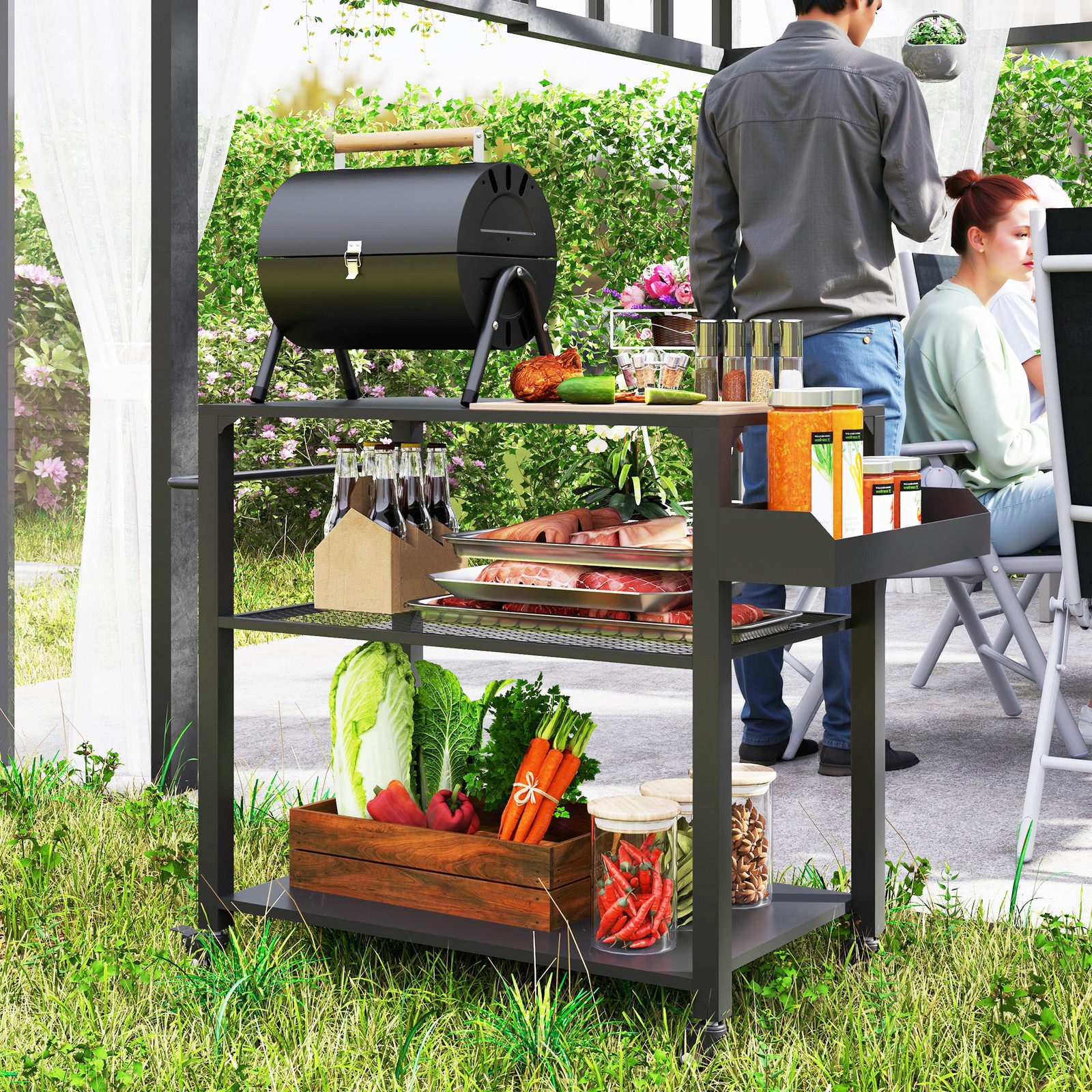 Three-Shelf Outdoor Grill Cart, Movable Food Prep Table on Wheels