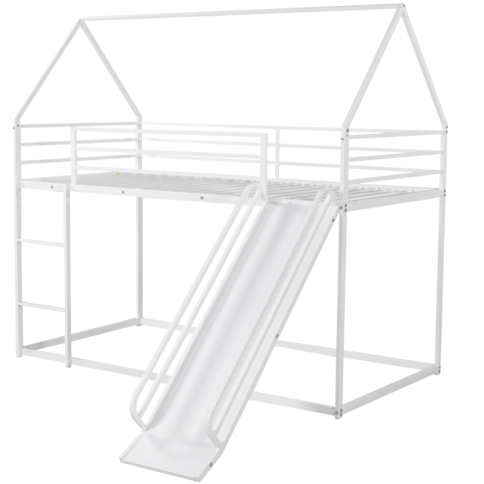 Twin over Twin Metal Bunk Bed W/ Slide /Ladder /Guardrail For Kids Teens White
