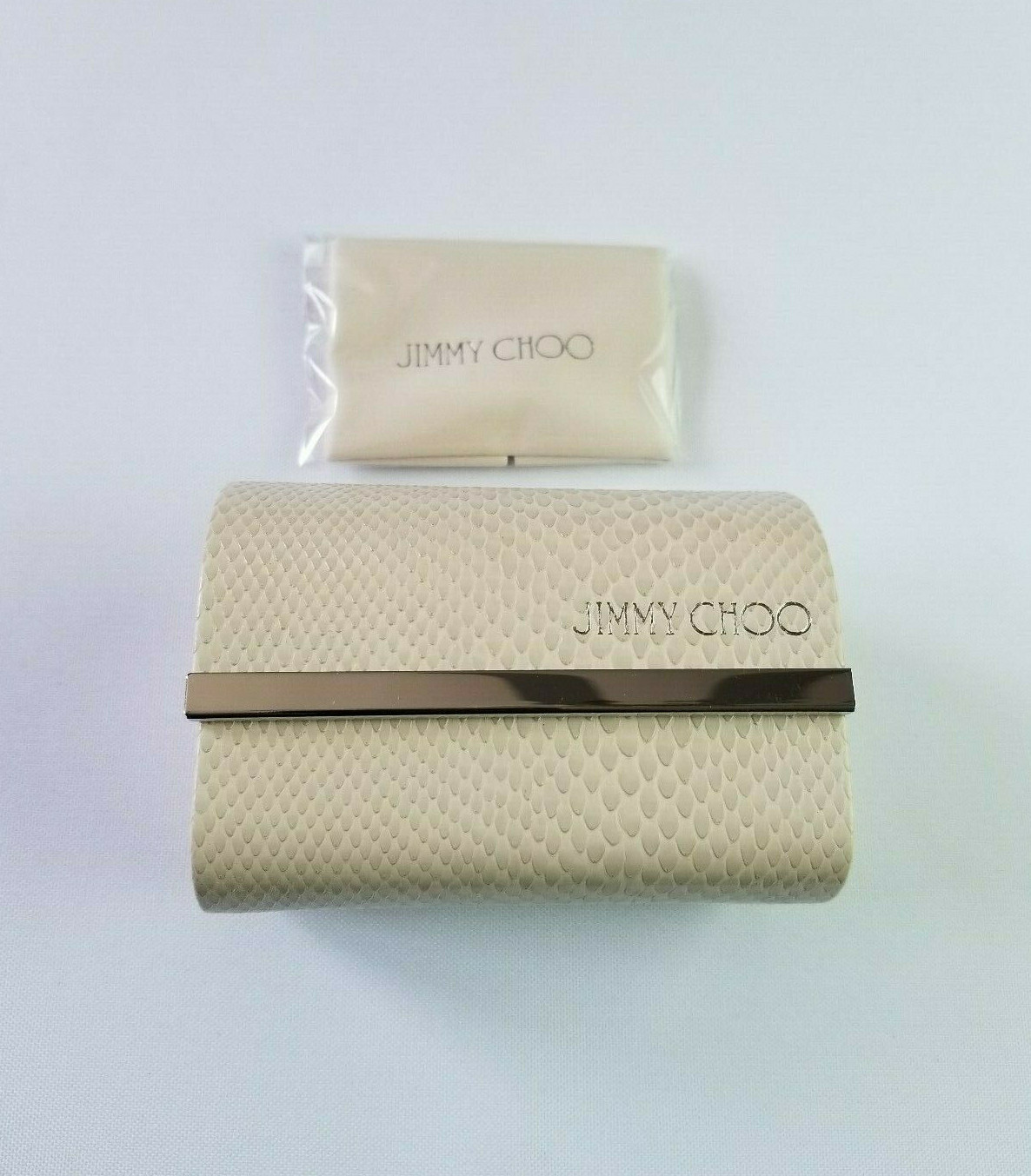 JIMMY CHOO BEIGE LIZARD PATTERN SMALL FOLDING SUNGLASS CASE WITH CLEANING CLOTH