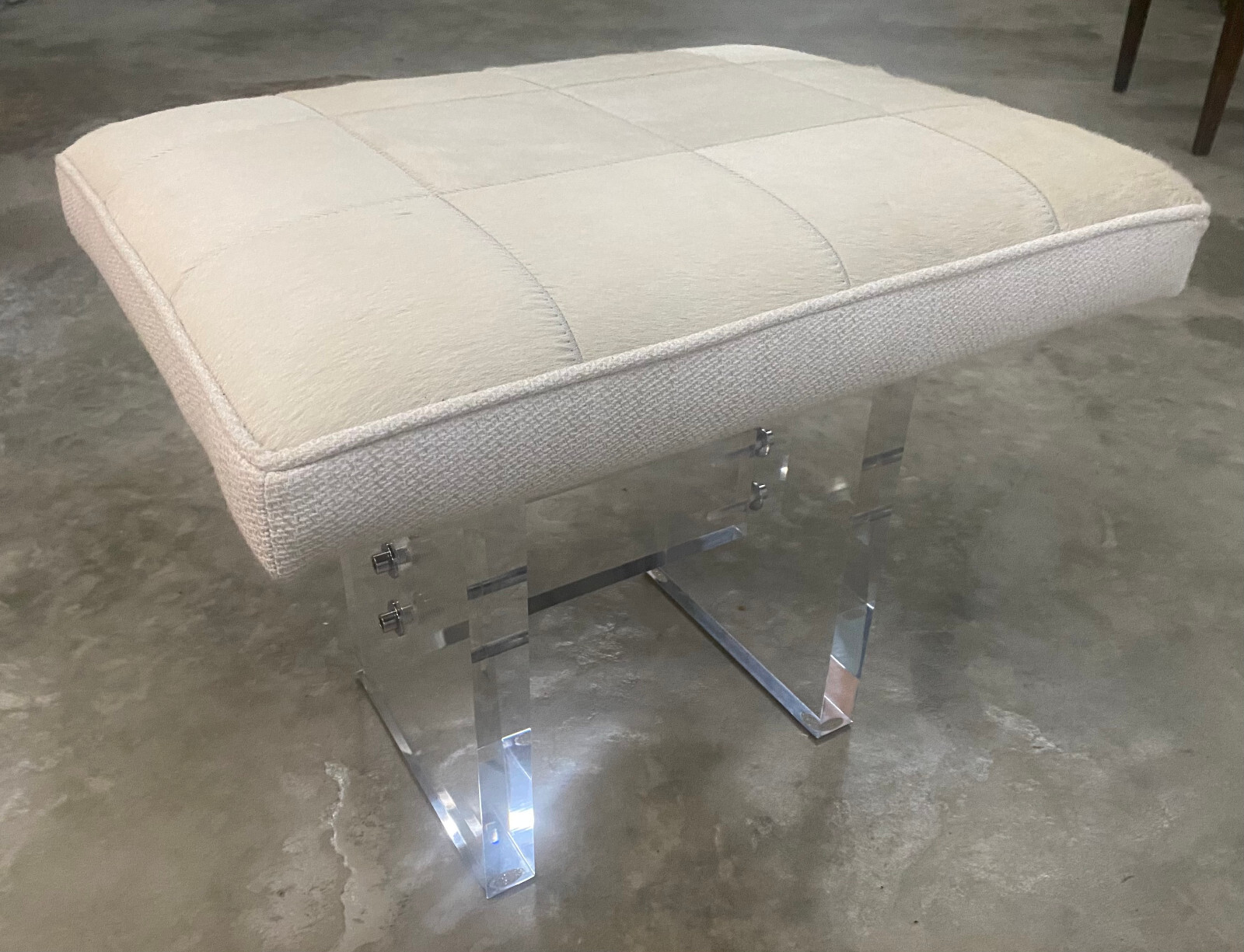 Custom Handmade Patch Cowhide Bench with High Quality Acrylic Base and Stretcher