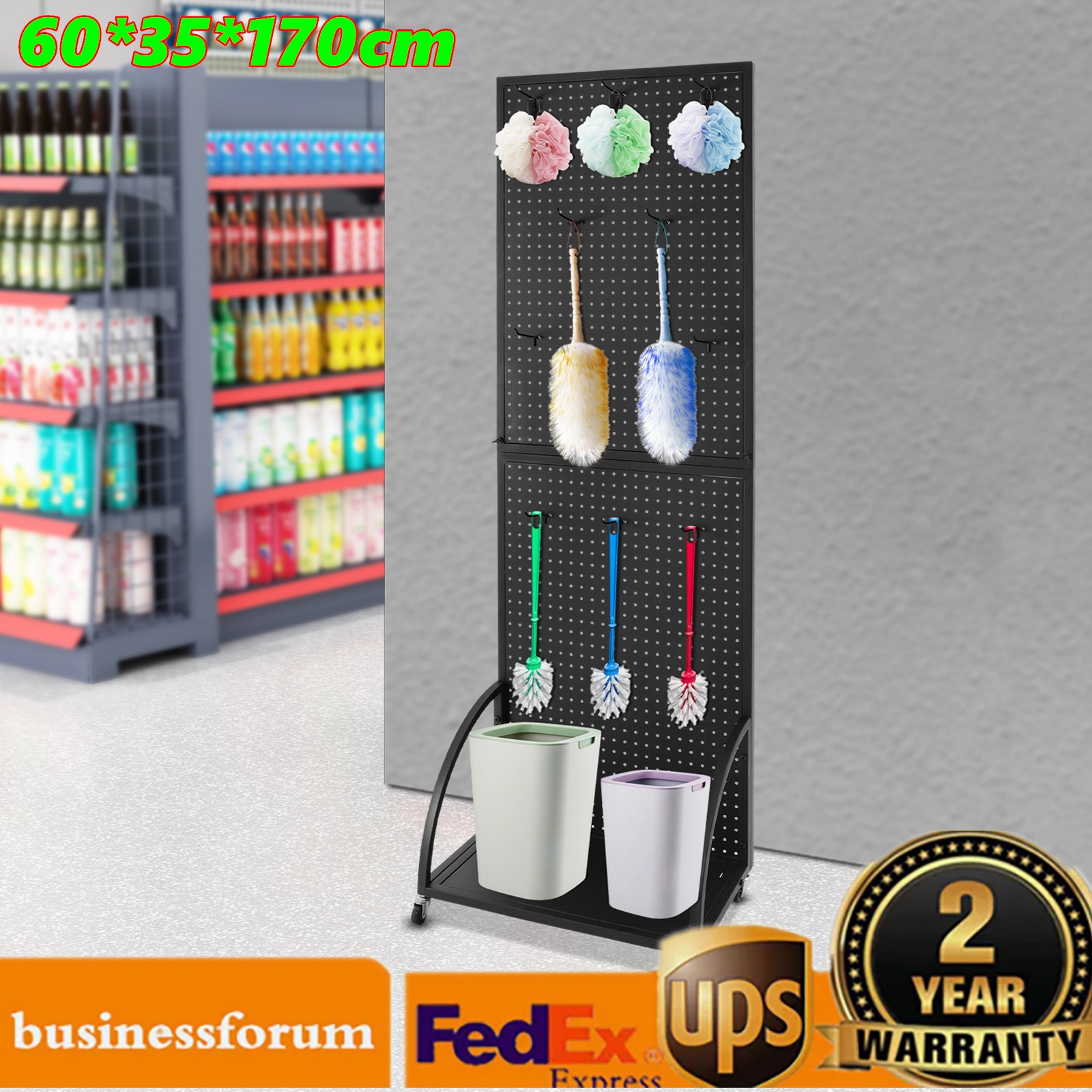 23.62*13.78*66.93in Black Pegboard Display Stand Iron Wall Organizer With Wheels