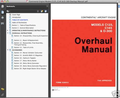 Continental C-125, C145, O-300 Engine Overhaul Parts SERVICE Operation MANUALS