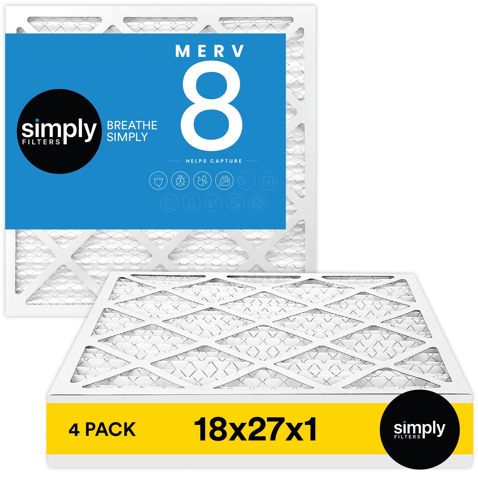 18x27x1 Air Filters Pack of 4 MERV 8 DUST Pet Allergy Control Simply Home HVAC
