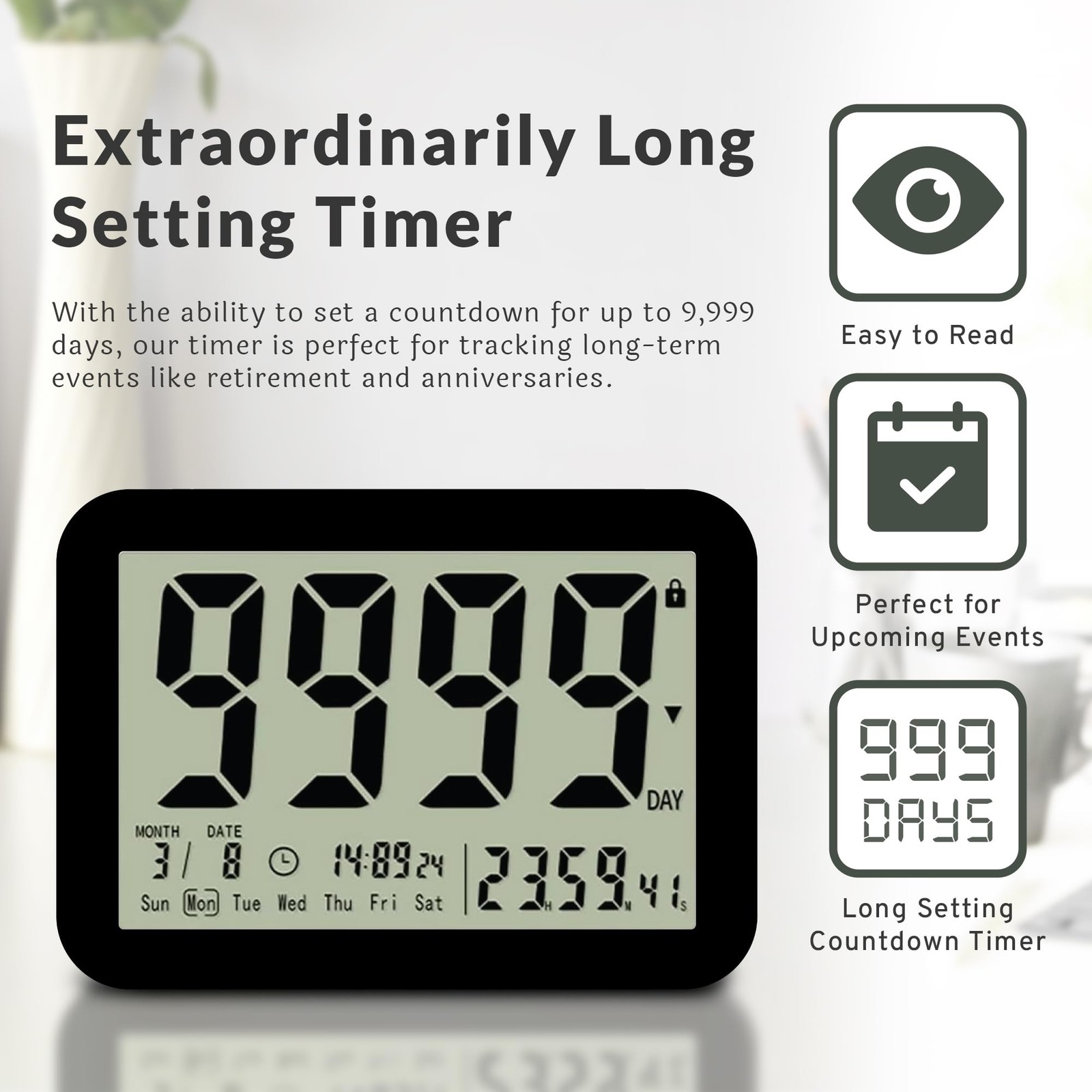 9999 Days Countdown Clock - Reusable Count Down Timer - Large Display LCD Dig