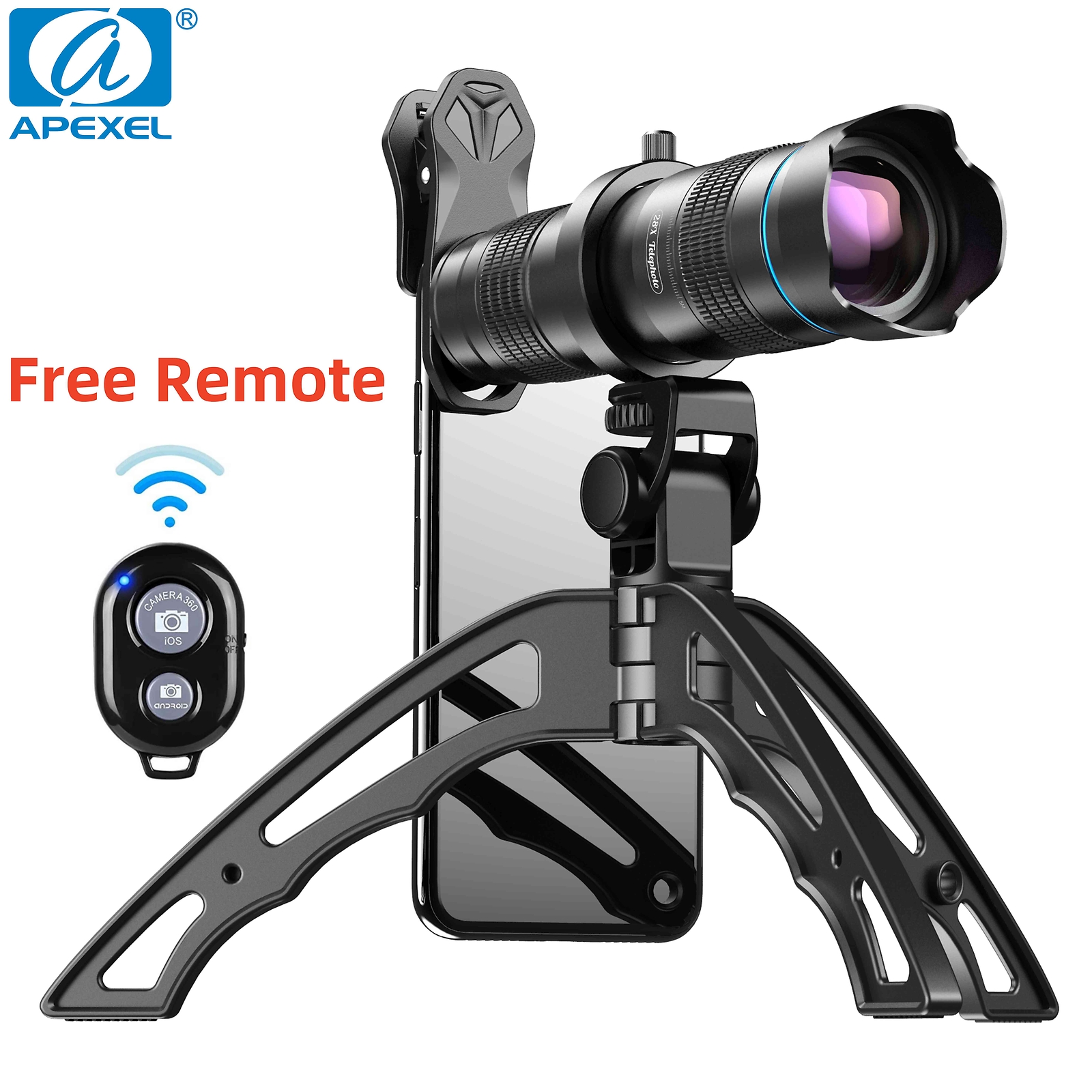 APEXEL 28X Telephoto Lens Monocular Telescope Lens With Tripod Remote For Phone