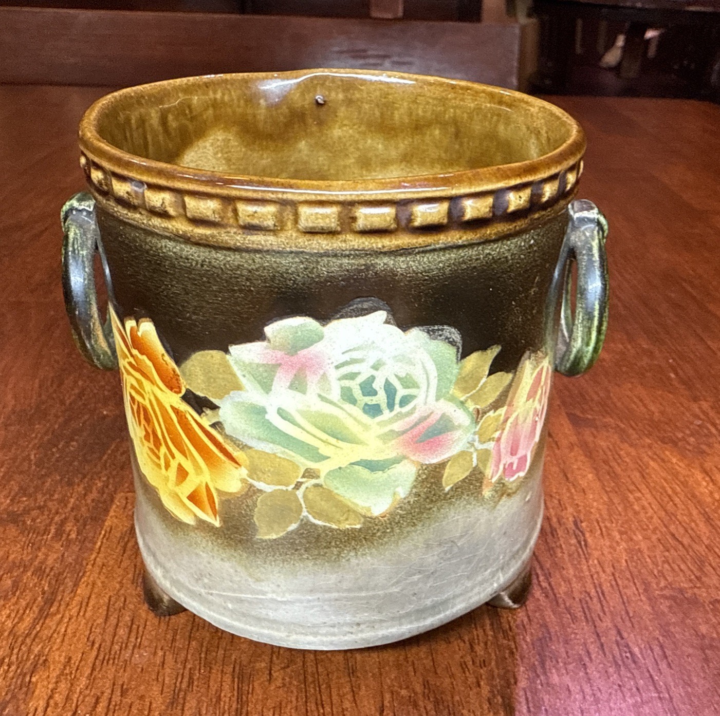 4" Vintage Czechoslovakia Footed Planter Pot Fixed Ring Handle Rose Flower