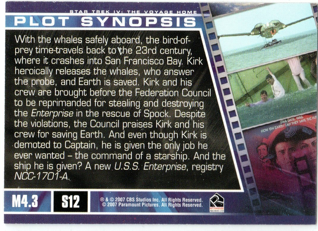 STAR TREK RA 2007 THE COMPLETE MOVIES PLOT SYNOPSIS INSERT TRADING CARD S12