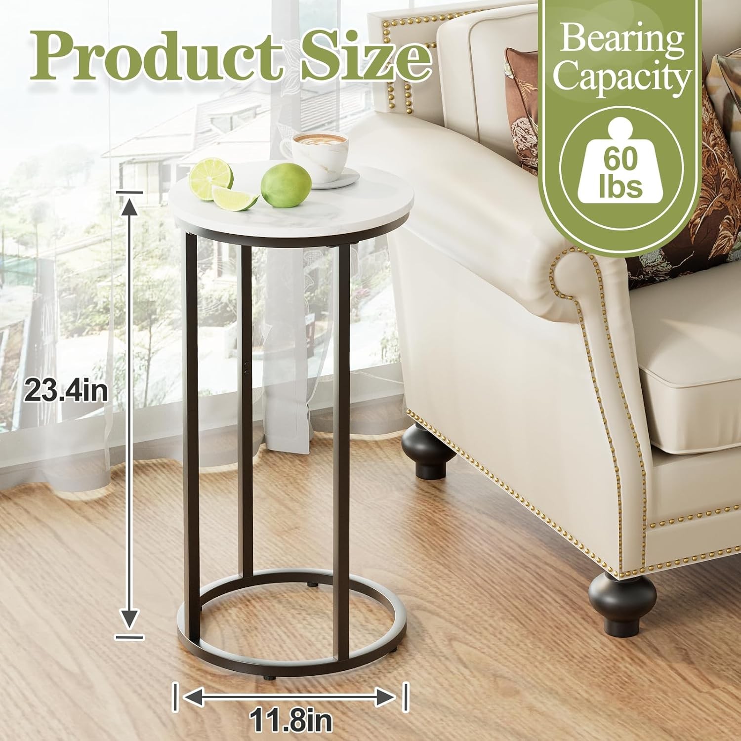 C Shaped End Table Couch Side Tables Livingroom Round Sofa End Table W/ Metal