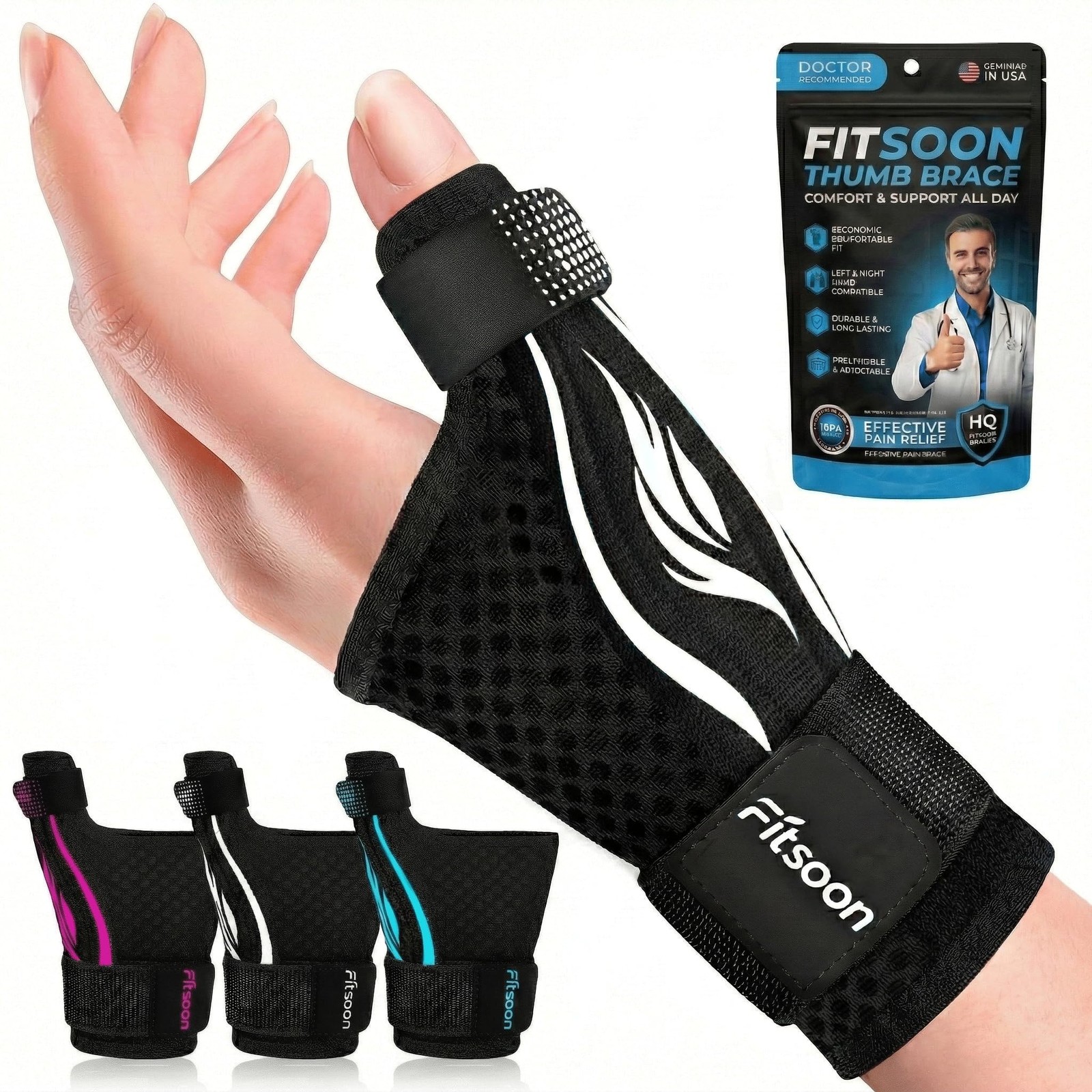 FITSOON Thumb Support Brace | S/M - Fit both hands, Classic White/Black