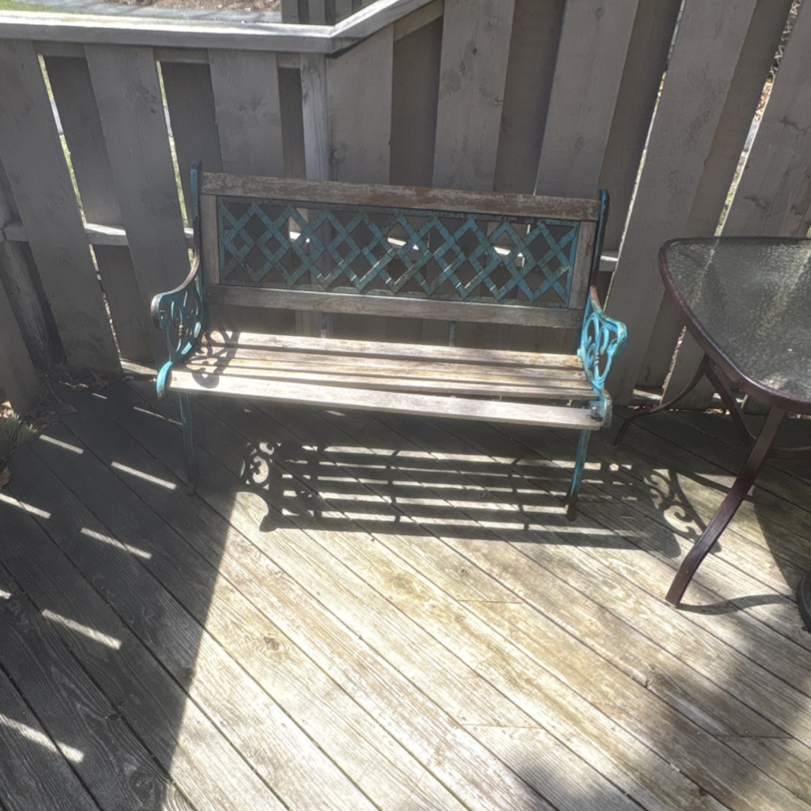 Antique Wood & Cast Iron Outdoor Garden Bench with Lattice Backrest, 72in Wide