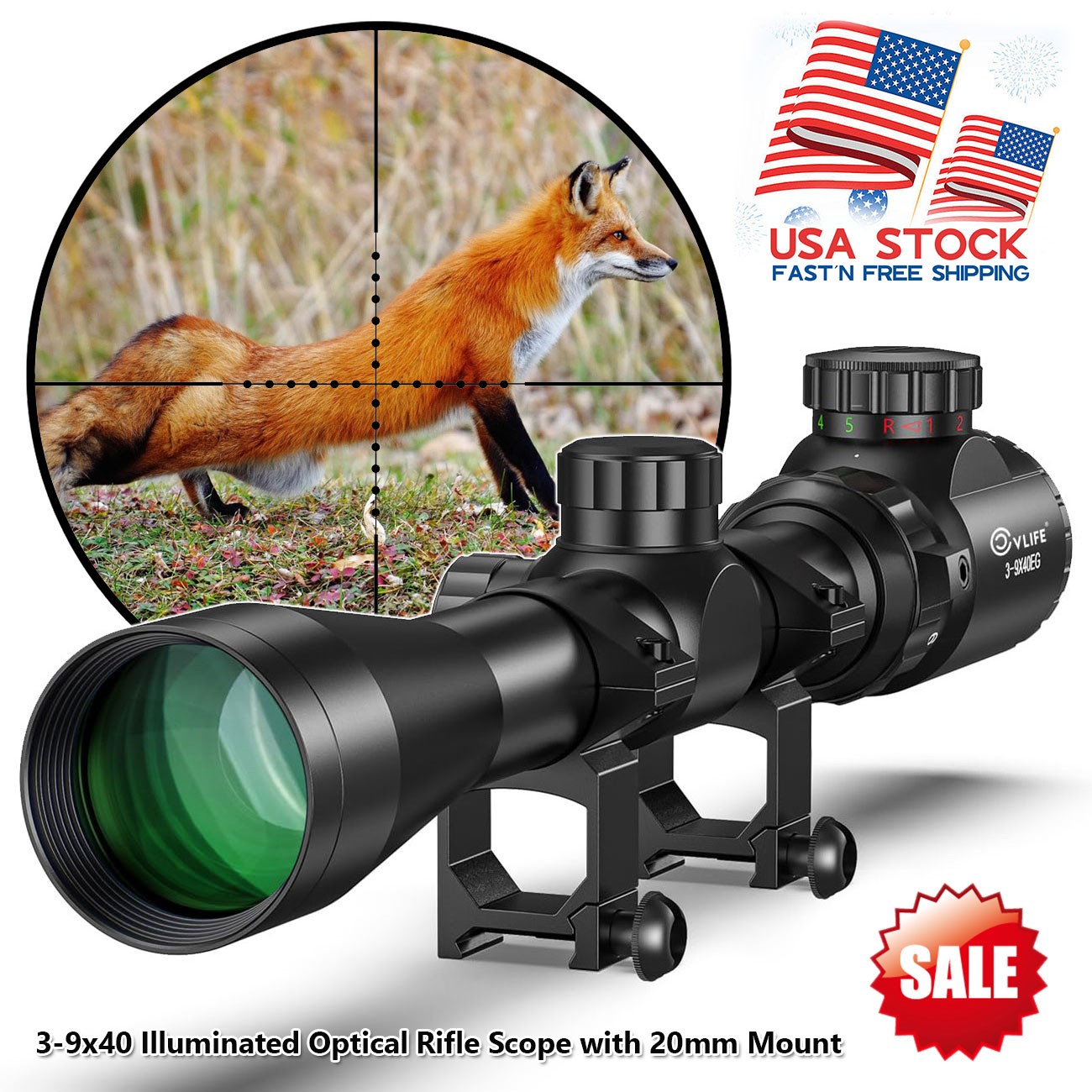 Hunting 3-9x40 Rifle Scope Red/Green Illuminated Mil-dot Reticle with 20mm Mount