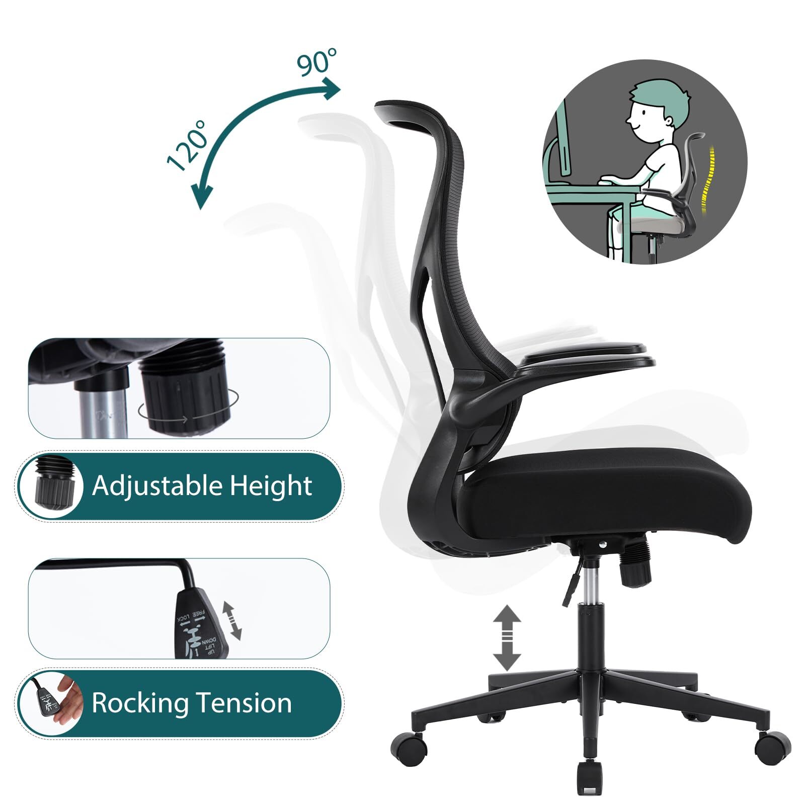 Mesh Chair with Flip-up Armrest Lumbar Support Backrest for Home Office Black