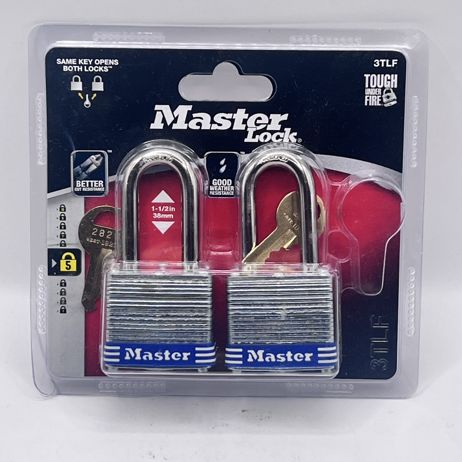 New Master Lock, 2 Pack, 38mm  Steel Body Padlock, 1-1/2" Long Shackle 3TLF
