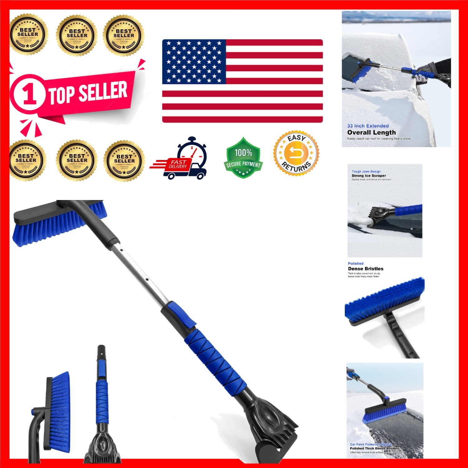 Lightweight Extendable Snow Brush & Ice Scraper with Tough Jaw Design - Blue