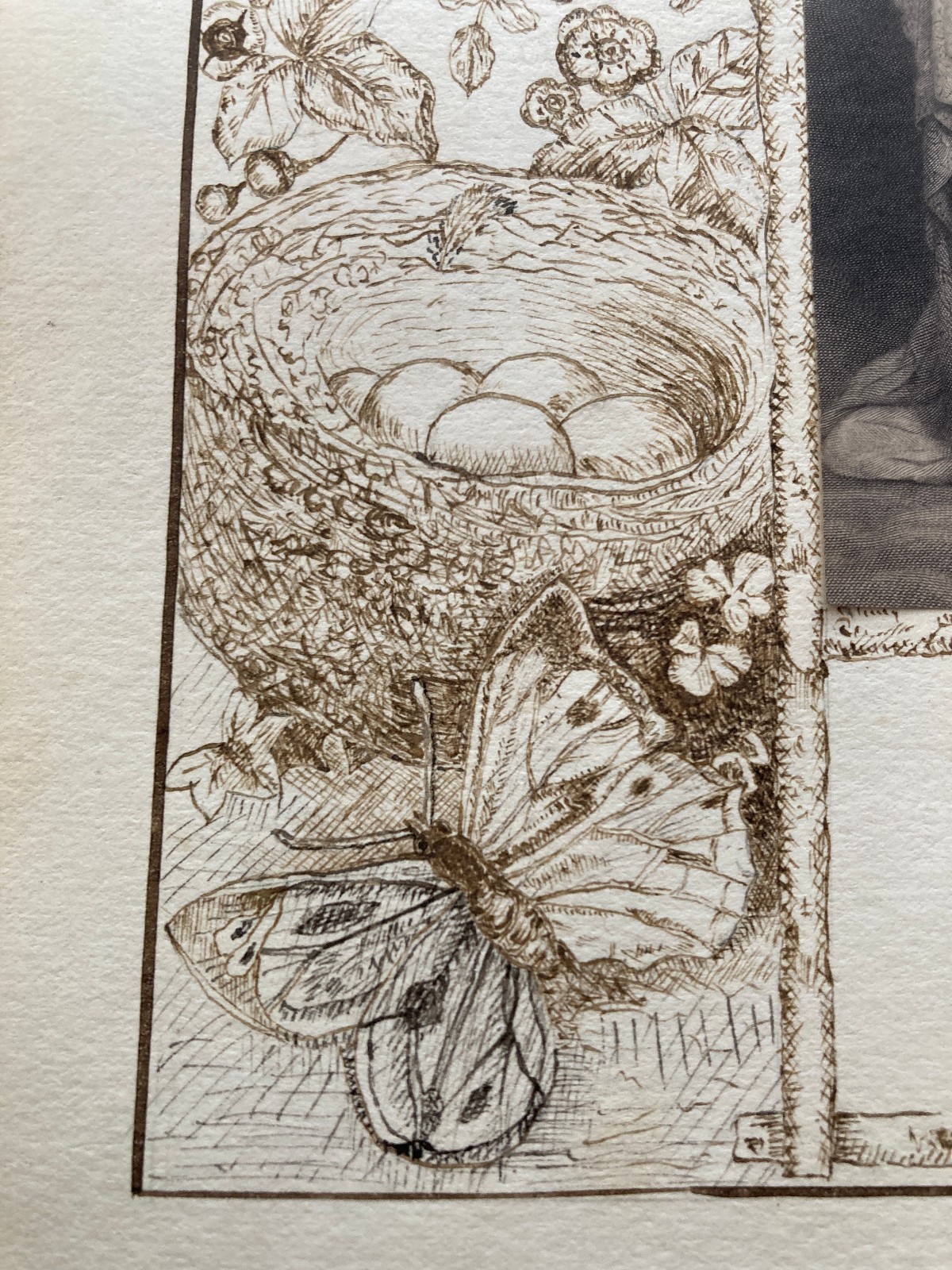 Victorian pen and ink border work around art print Herbe Scheffer